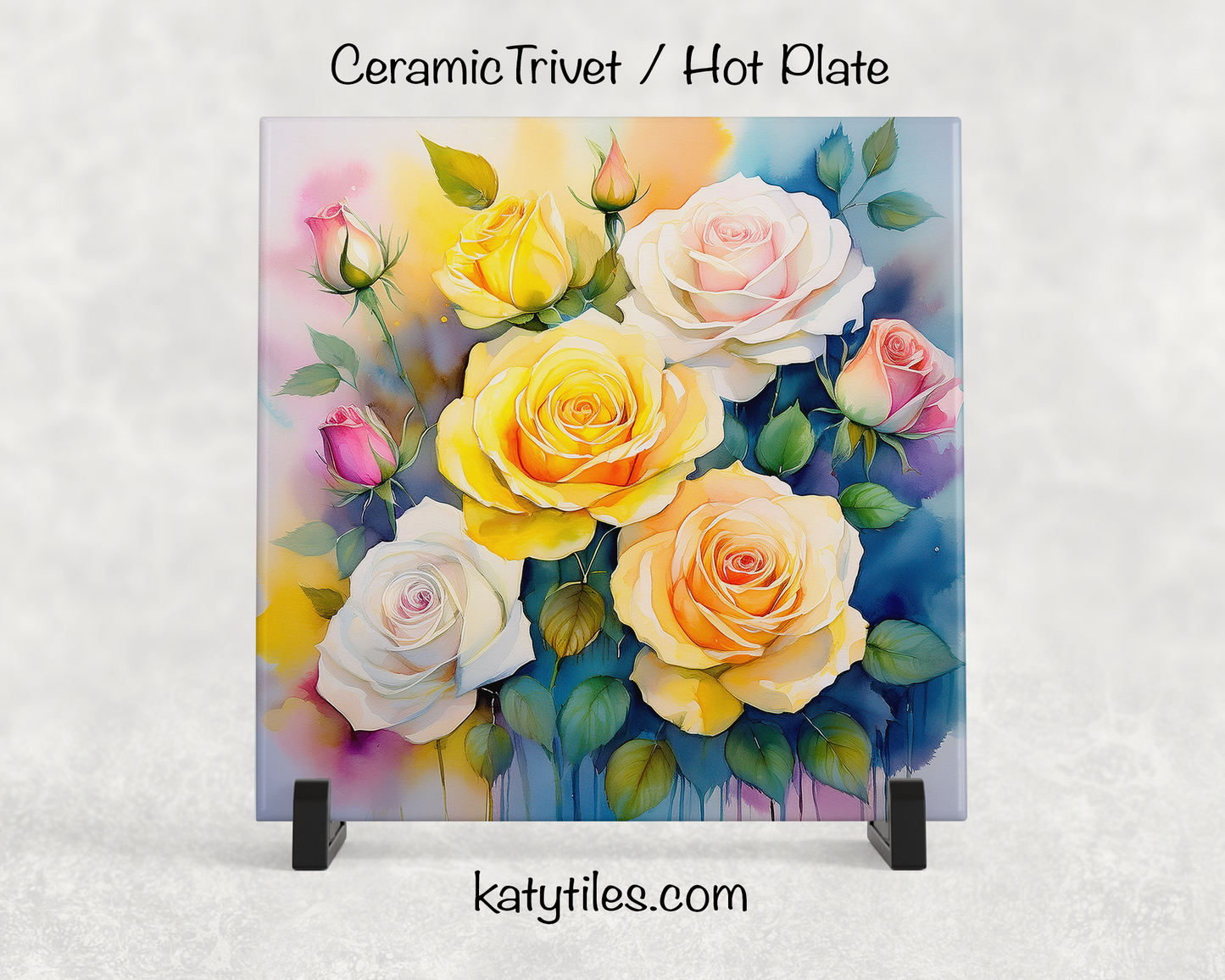 22 Designs! Roses - Yellow, Pink, White & Red - Ceramic Tile Trivet/Coaster – 6x6 Handmade Floral Kitchen Decor, Elegant Botanical Gift