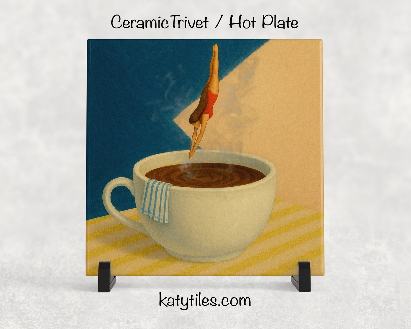 Retro Art Deco Woman Diving into Coffee Ceramic Tile Trivet/Coaster – 6x6 Handmade Kitchen Decor, Unique Coffee Lover Gift, Made in USA