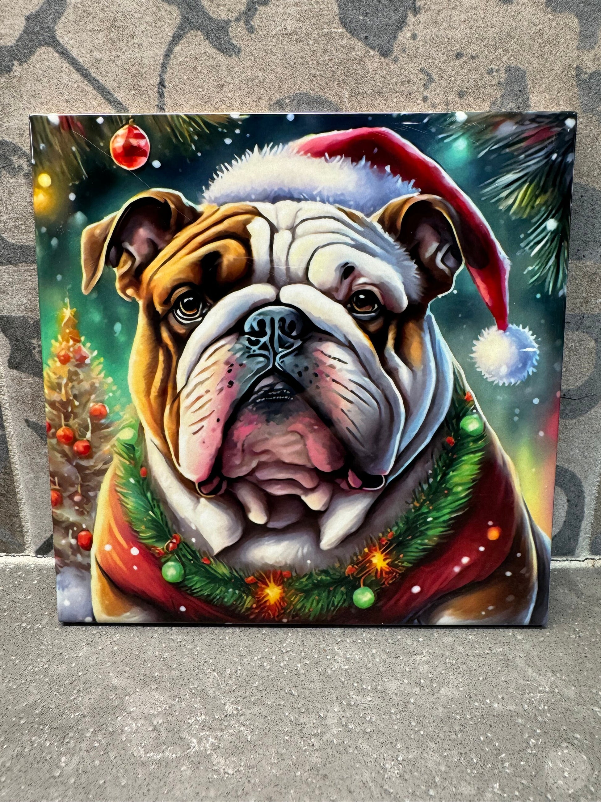 Christmas Bull Dog Hot Pot/Dish Trivet. 6"x6" Trivet. Bull Dog Coaster. Bull Dog Decor. Bull Dog Art.