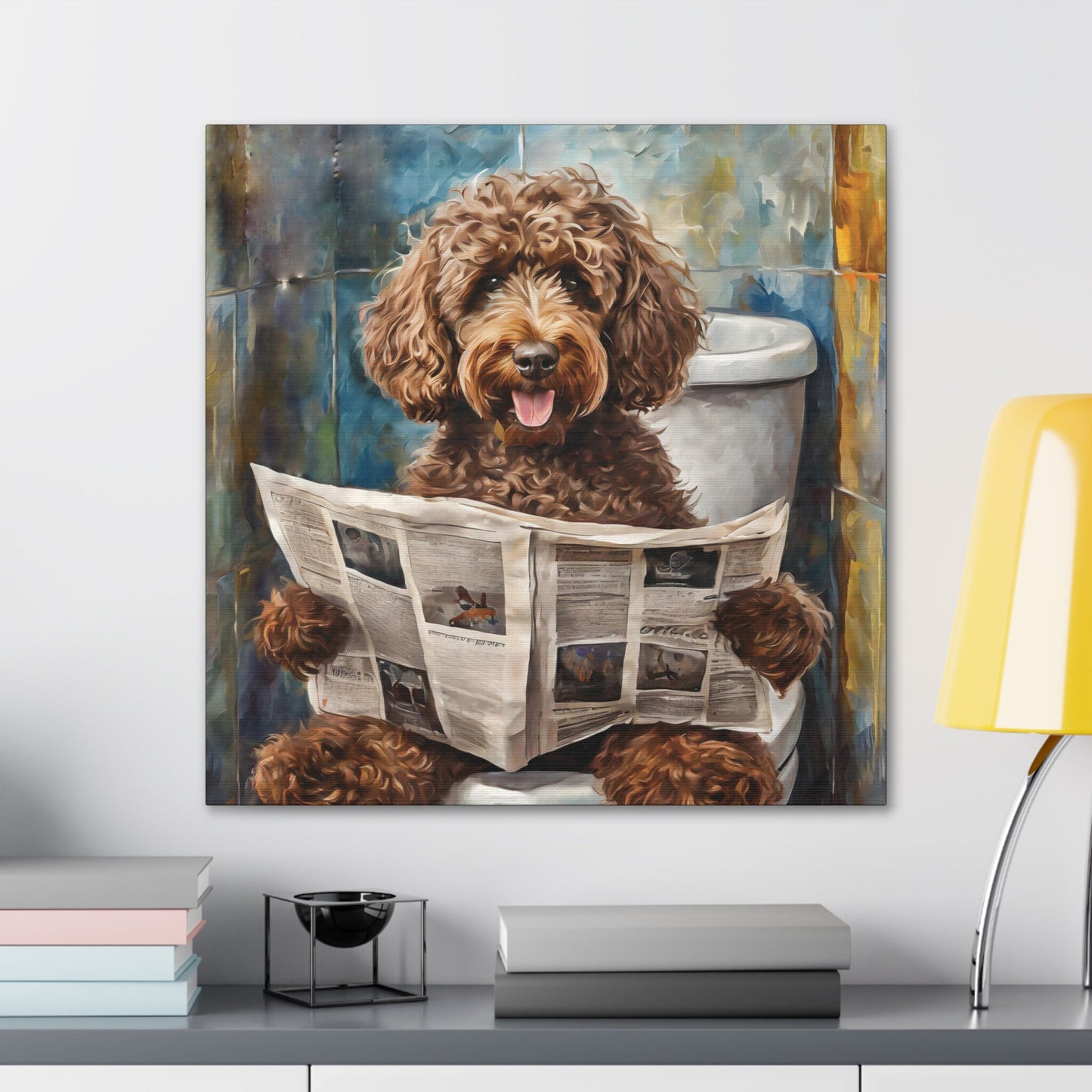 Frameless Canvas Print, Poopin' Doodle, 30x30, 24x24, 20x20, 16x16, Bathroom Picture, Bathroom Art, Gift for Dog Lovers, Dog Art