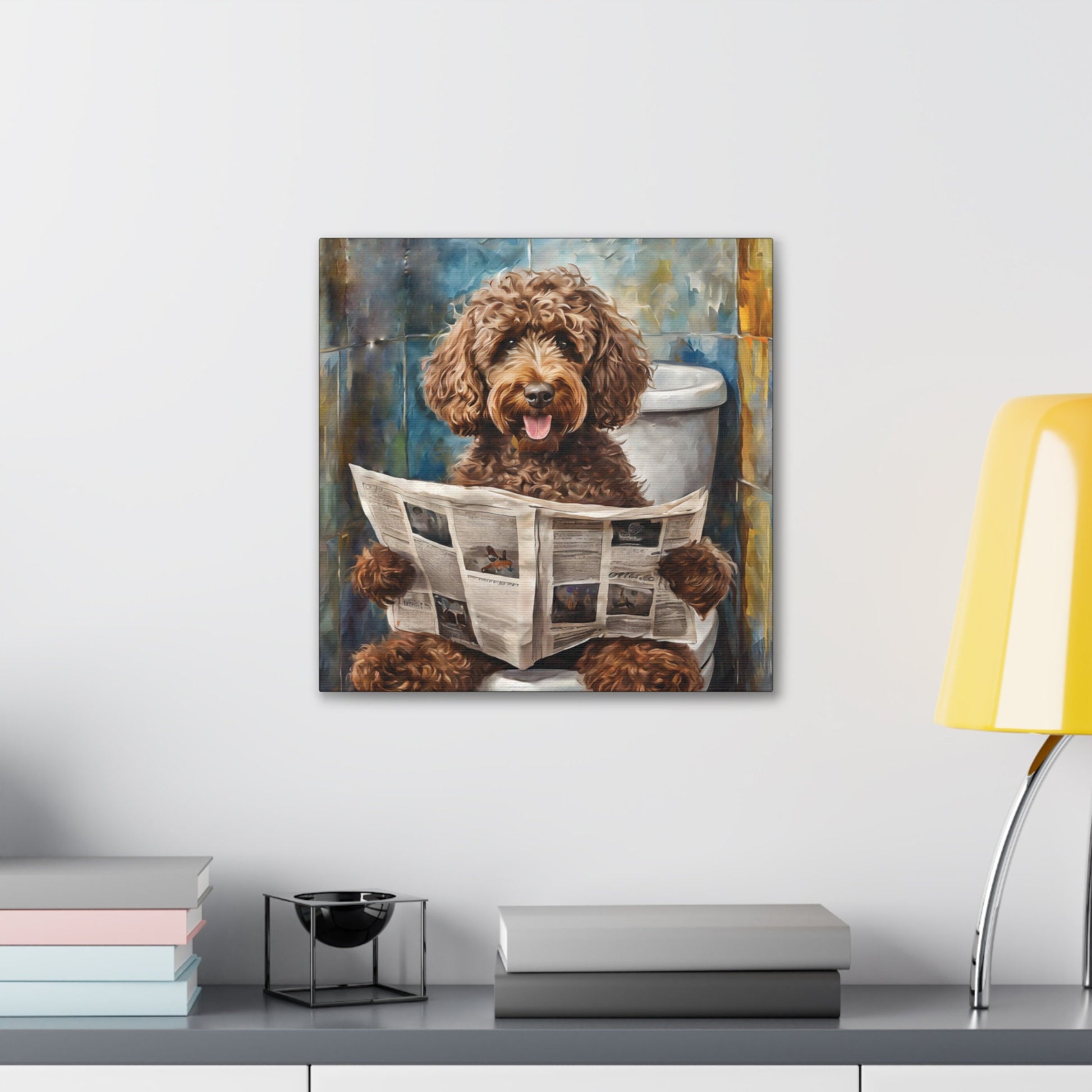 Frameless Canvas Print, Poopin' Doodle, 30x30, 24x24, 20x20, 16x16, Bathroom Picture, Bathroom Art, Gift for Dog Lovers, Dog Art