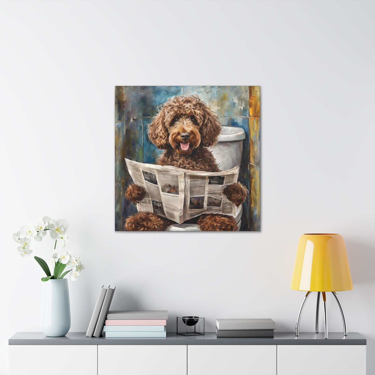 Frameless Canvas Print, Poopin' Doodle, 30x30, 24x24, 20x20, 16x16, Bathroom Picture, Bathroom Art, Gift for Dog Lovers, Dog Art
