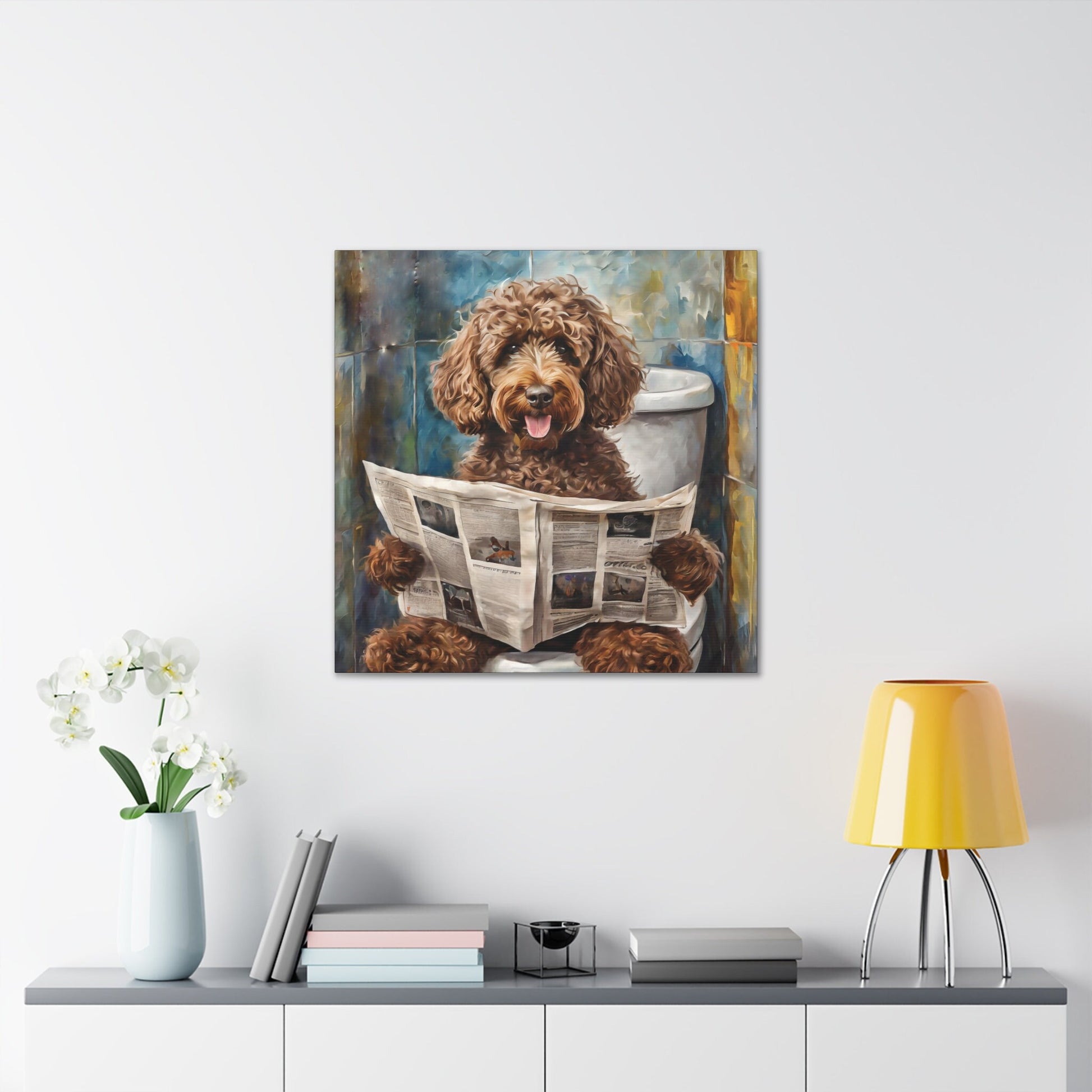 Frameless Canvas Print, Poopin' Doodle, 30x30, 24x24, 20x20, 16x16, Bathroom Picture, Bathroom Art, Gift for Dog Lovers, Dog Art