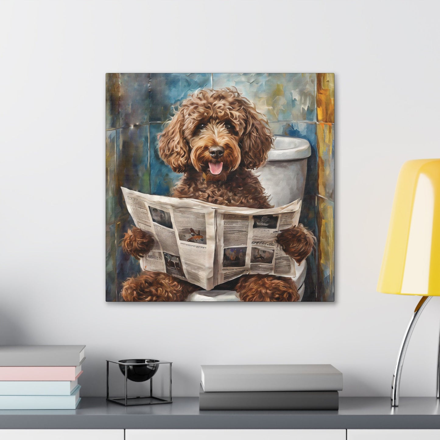 Frameless Canvas Print, Poopin' Doodle, 30x30, 24x24, 20x20, 16x16, Bathroom Picture, Bathroom Art, Gift for Dog Lovers, Dog Art