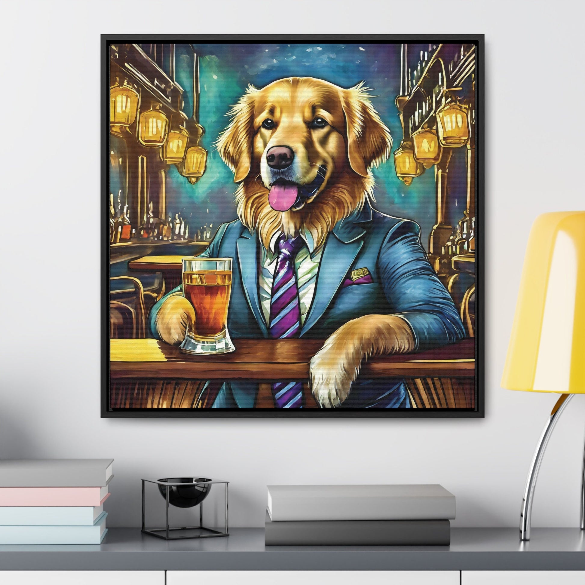 Happy Hour Golden Retriever Framed Canvas Print Wall Art, 30x30 and 20x20, Walnut and Black Frames, Golden Retriever Gift for Dog Lovers