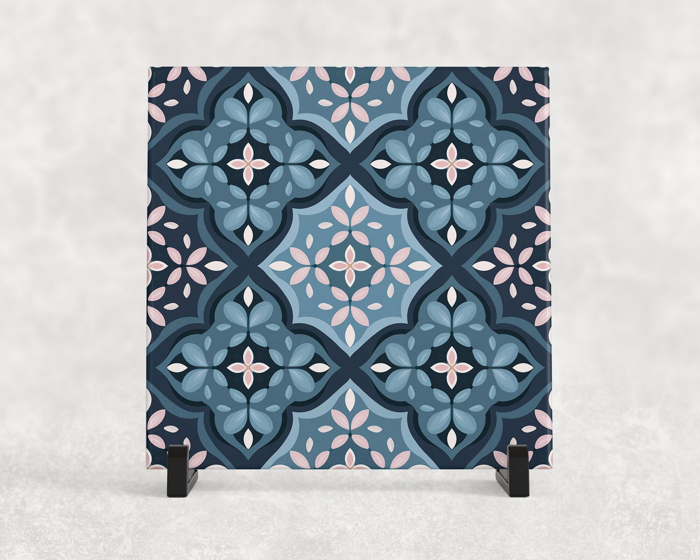 Retro Vintage Blue Floral Pattern Tile Trivet for Hot Dishes. Hot Plate Coaster Tile Art. Blue. Pink. Flower Design. Backsplash. Custom Art.