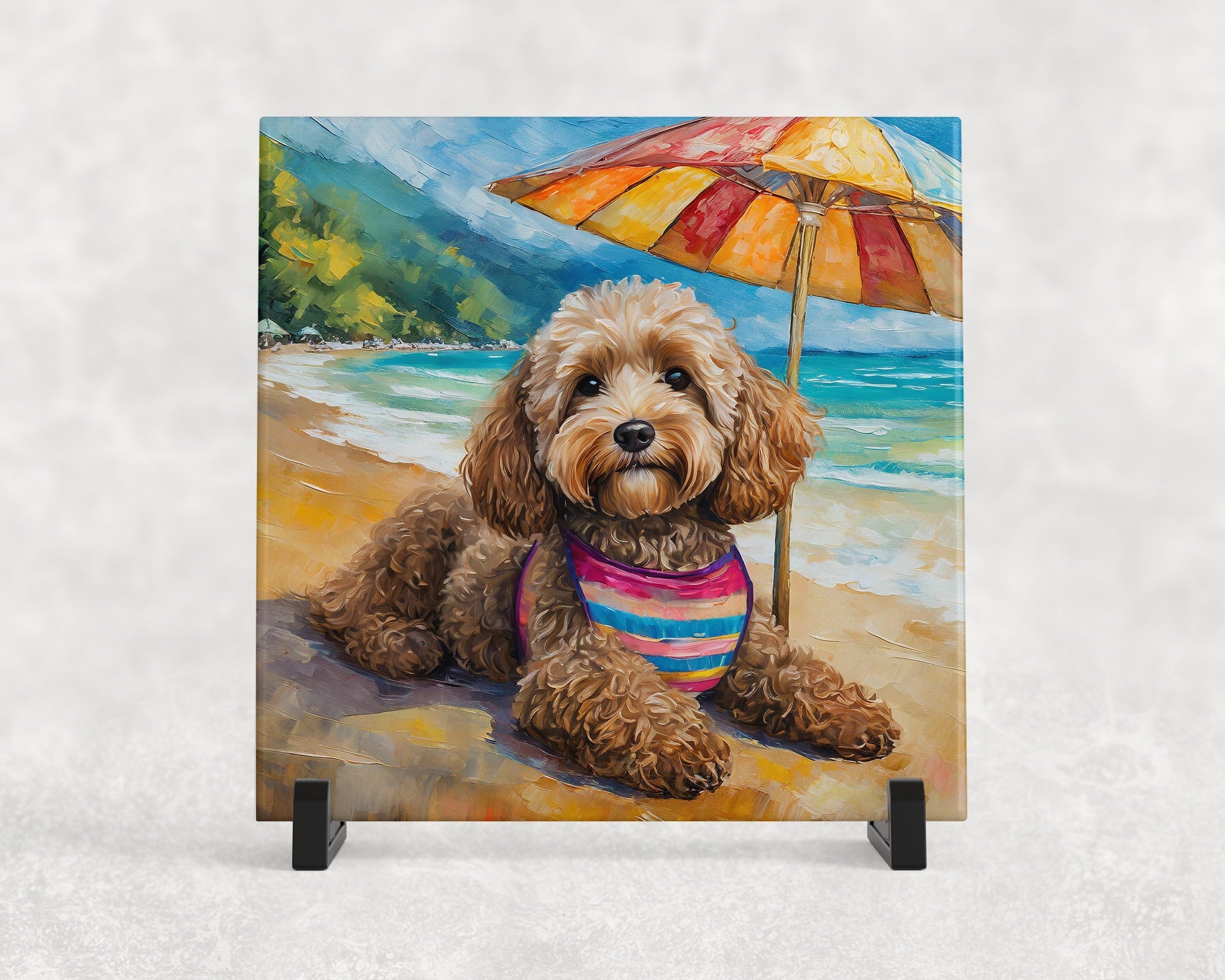 Beach Theme Goldendoodle Trivet for Hot Dishes. Ceramic Tile Art Gift for Dog Lovers. Gift for Doodle Mom or Dad. Dog Artwork Tropical Theme