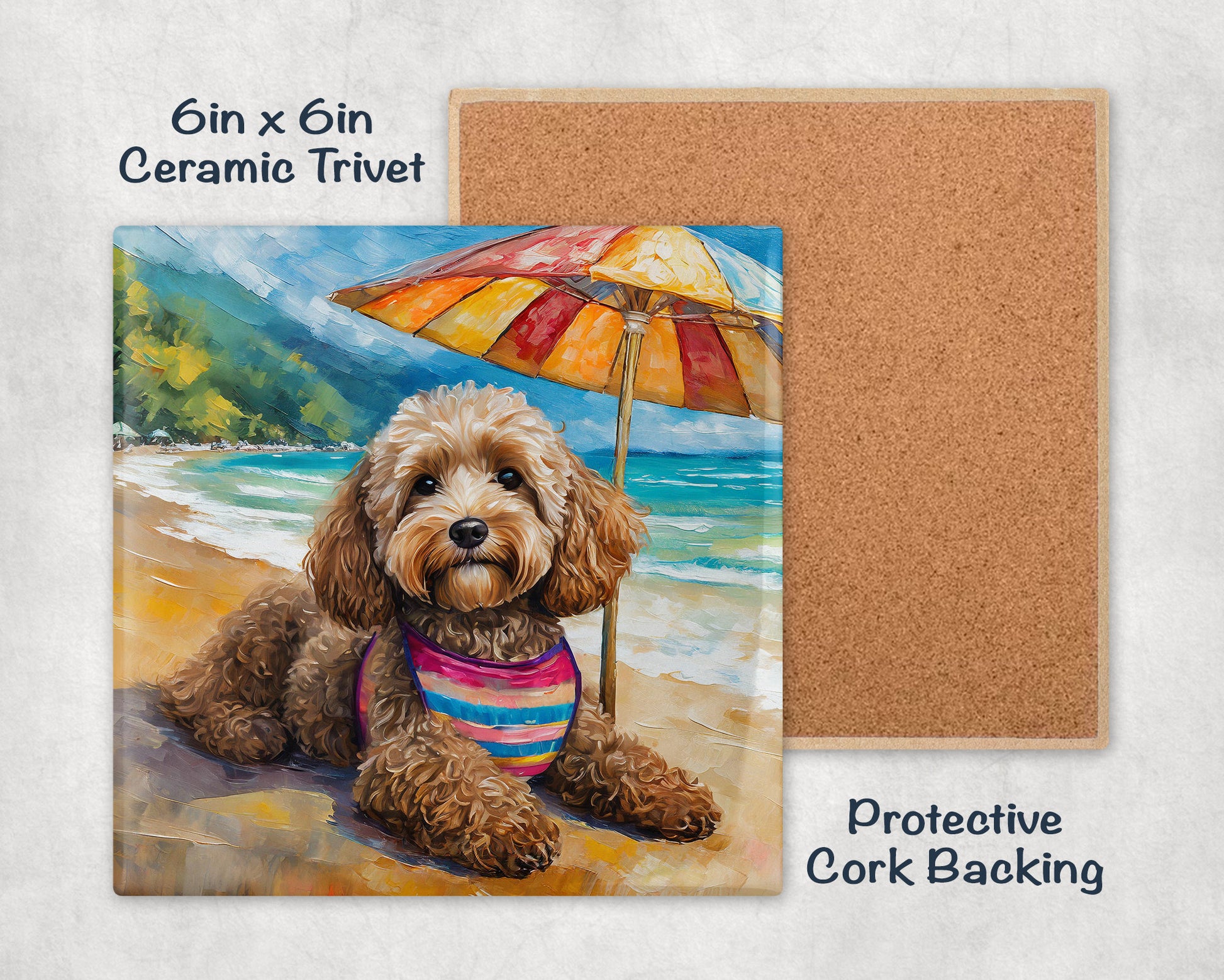 Beach Theme Goldendoodle Trivet for Hot Dishes. Ceramic Tile Art Gift for Dog Lovers. Gift for Doodle Mom or Dad. Dog Artwork Tropical Theme