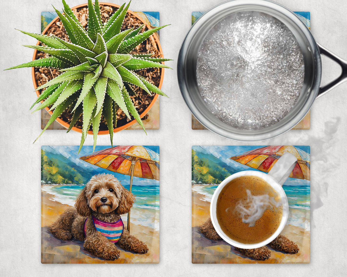 Beach Theme Goldendoodle Trivet for Hot Dishes. Ceramic Tile Art Gift for Dog Lovers. Gift for Doodle Mom or Dad. Dog Artwork Tropical Theme