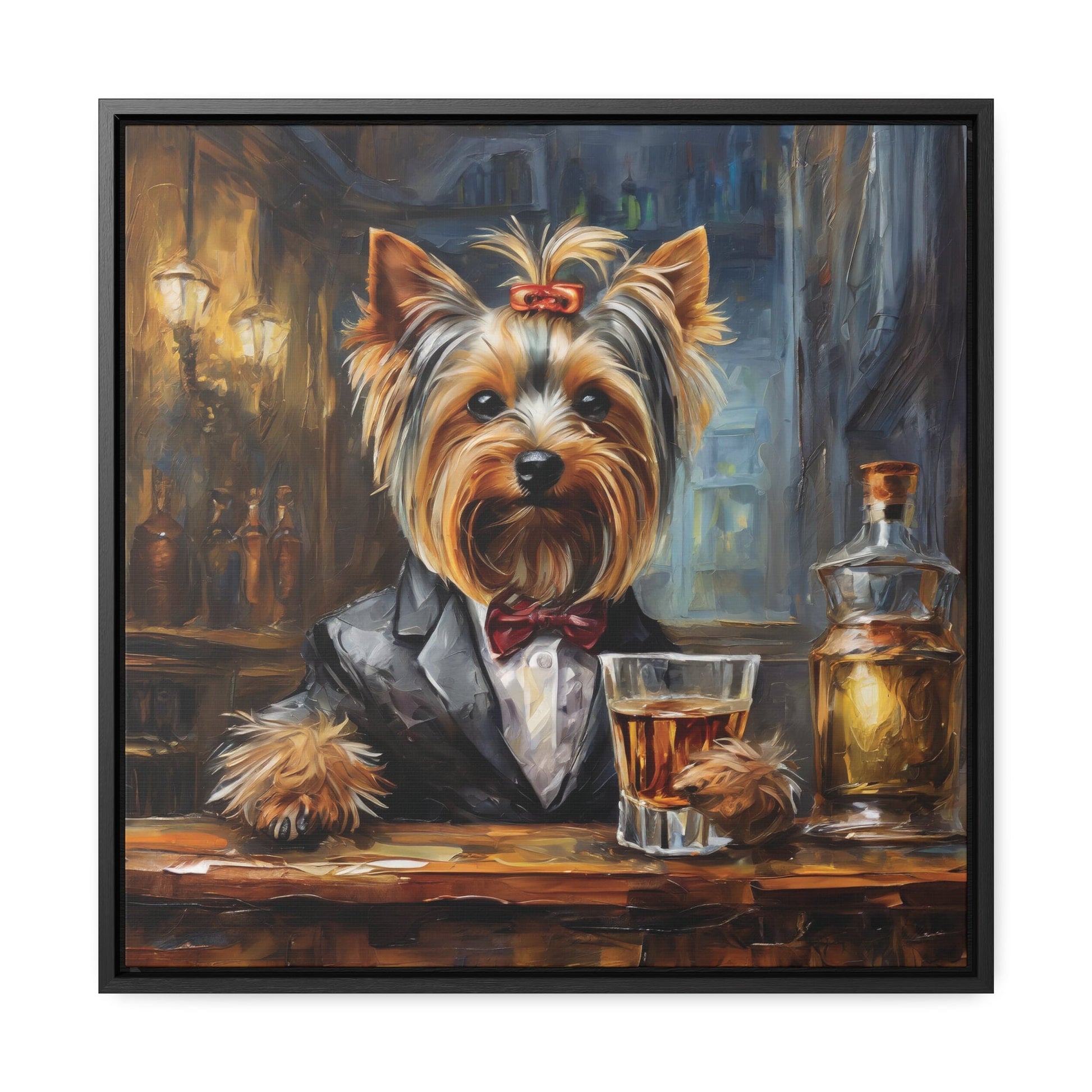 Framed Canvas Print Whisky Yorkie Wall Art, Fathers Day Gift, Bar Decor, Gift for Dog Lovers, Gift For Dad, Yorkshire Terrier, Gift For Him