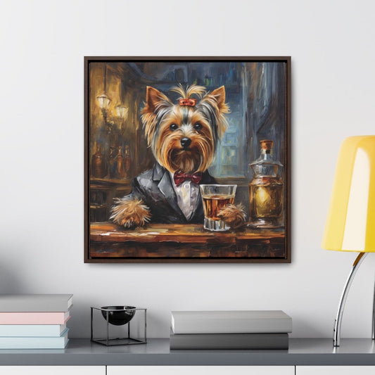 Framed Canvas Print Whisky Yorkie Wall Art, Fathers Day Gift, Bar Decor, Gift for Dog Lovers, Gift For Dad, Yorkshire Terrier, Gift For Him