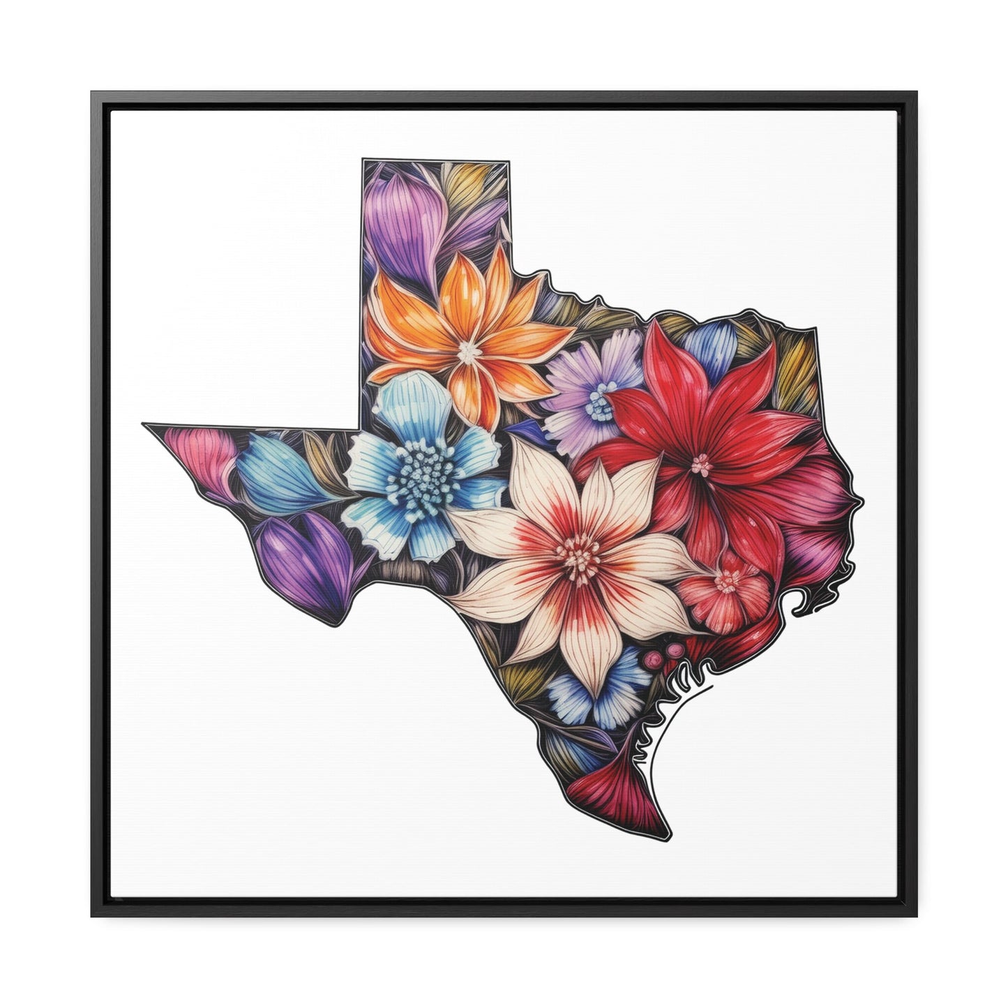 Texas State Floral Art - Framed Canvas Print | Solid White Background | Customizable Size and Frame Color