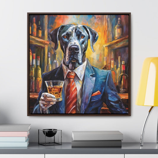 Framed Canvas Print Whisky Great Dane Wall Art, Fathers Day Gift, Bar Decor, Gift for Dog Lovers, Gift For Dad, Gift For Him