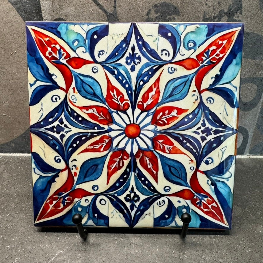 3 Designs! Flower Blue Red Mexican Style Tile Trivet for Hot Dishes. Mexican Tile Coaster. Mexican Ceramic Tile Art. Floral Decorations.