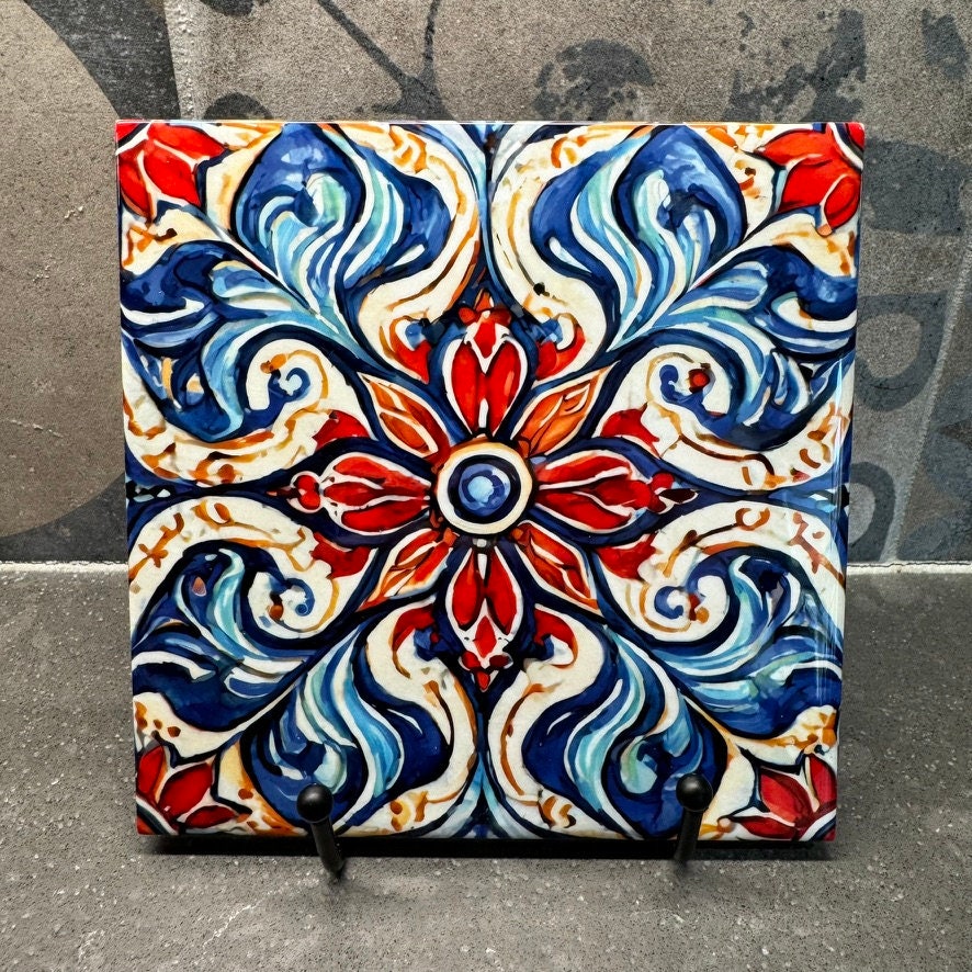 3 Designs! Flower Blue Red Mexican Style Tile Trivet for Hot Dishes. Mexican Tile Coaster. Mexican Ceramic Tile Art. Floral Decorations.