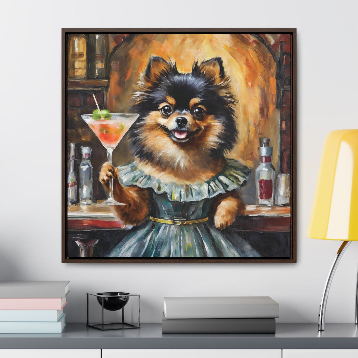 Framed Canvas Print Martini Black Pomeranian Wall Art, Bar Decor, Gift for Dog Lovers, Gift For Him, Gift For Her