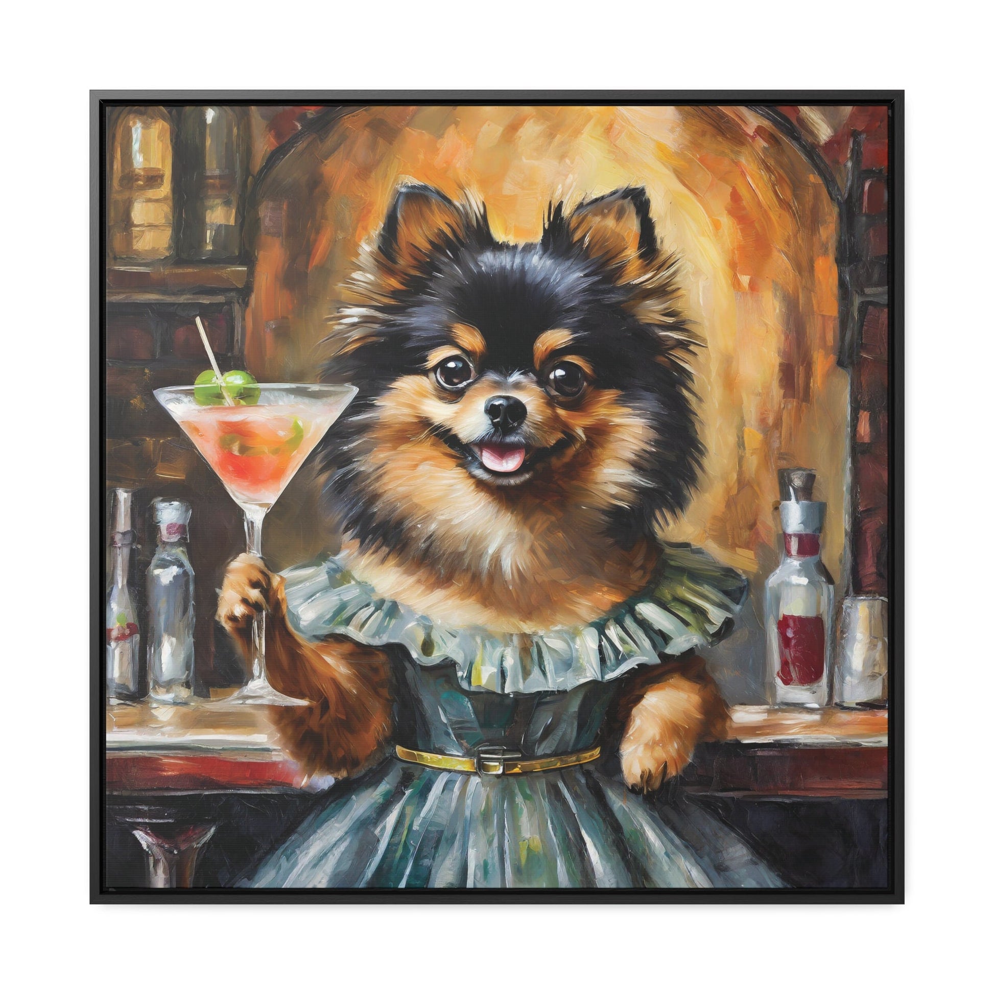 Framed Canvas Print Martini Black Pomeranian Wall Art, Bar Decor, Gift for Dog Lovers, Gift For Him, Gift For Her