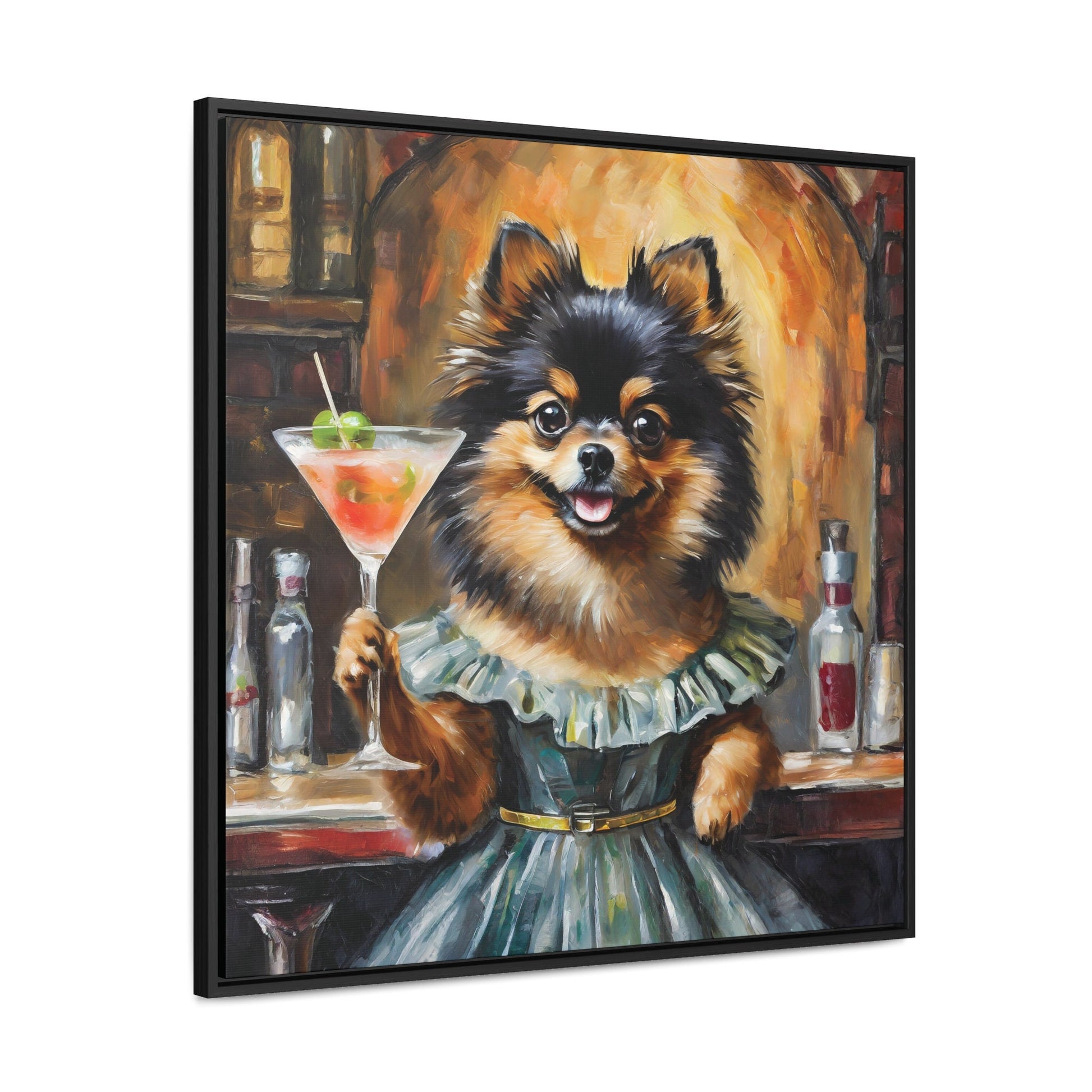 Framed Canvas Print Martini Black Pomeranian Wall Art, Bar Decor, Gift for Dog Lovers, Gift For Him, Gift For Her