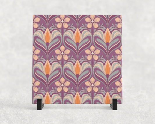 Retro Vintage Purple Floral Pattern Tile Trivet for Hot Dishes. Hot Plate Coaster Tile Art. Purple. Flower Design.