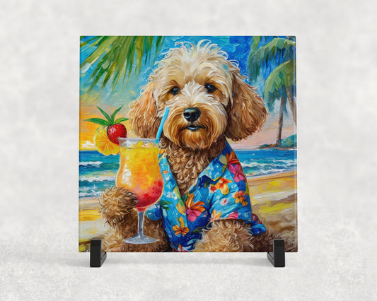 Beach Theme Goldendoodle Trivet for Hot Dishes. Ceramic Tile Art Gift for Dog Lovers. Gift for Doodle Mom or Dad. Dog Artwork Tropical Theme