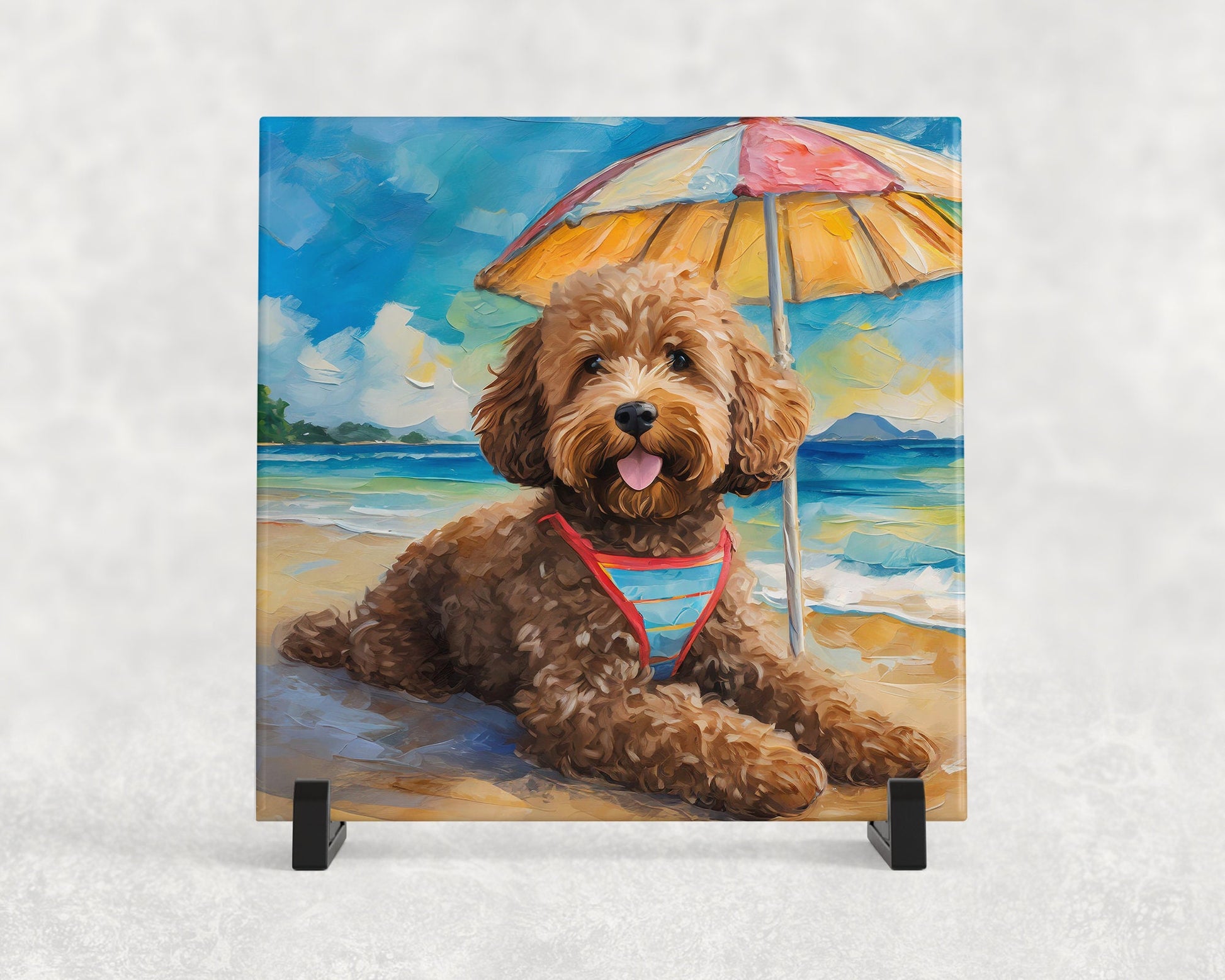 Beach Theme Goldendoodle Trivet for Hot Dishes. Ceramic Tile Art Gift for Dog Lovers. Gift for Doodle Mom or Dad. Dog Artwork Tropical Theme