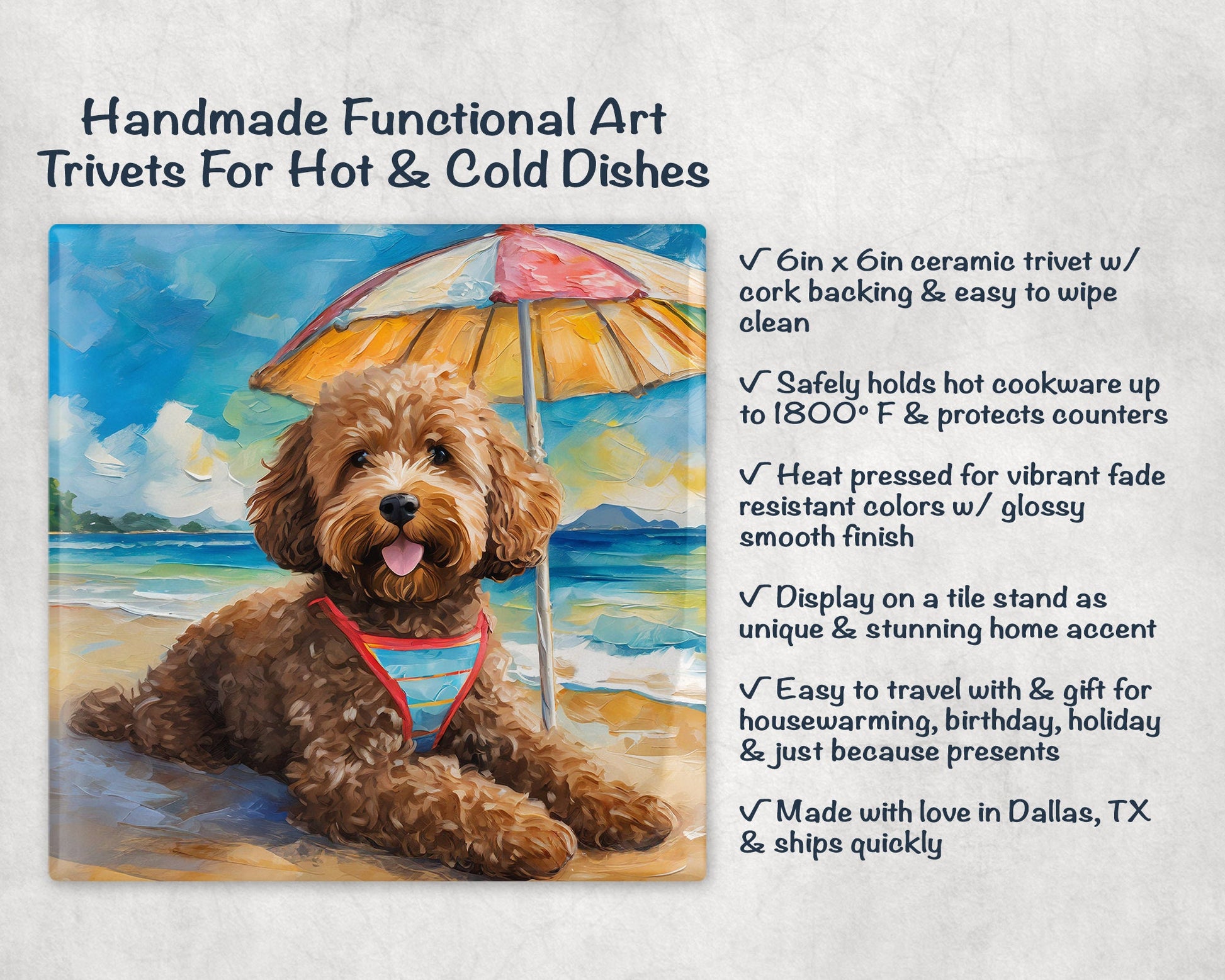 Beach Theme Goldendoodle Trivet for Hot Dishes. Ceramic Tile Art Gift for Dog Lovers. Gift for Doodle Mom or Dad. Dog Artwork Tropical Theme