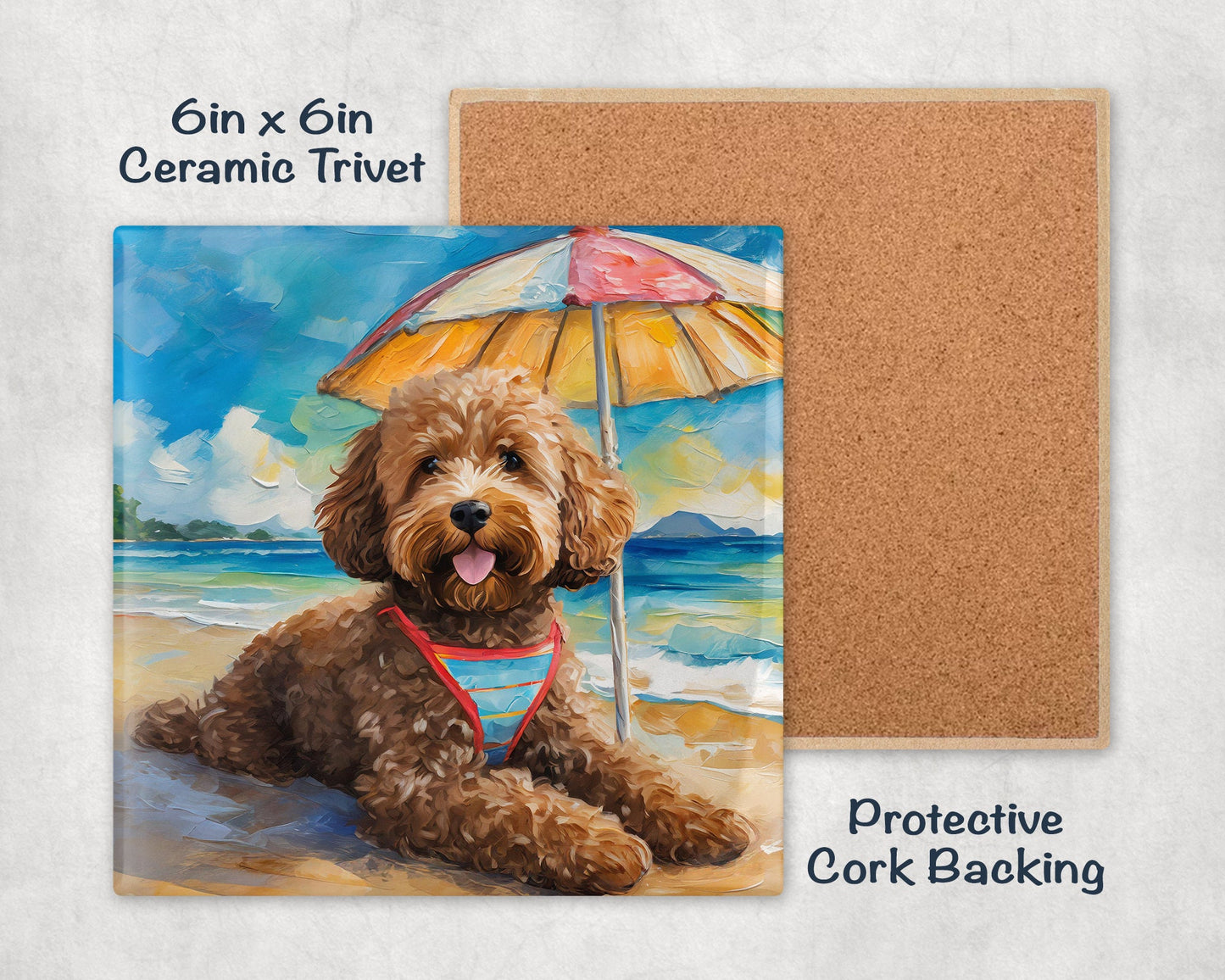 Beach Theme Goldendoodle Trivet for Hot Dishes. Ceramic Tile Art Gift for Dog Lovers. Gift for Doodle Mom or Dad. Dog Artwork Tropical Theme