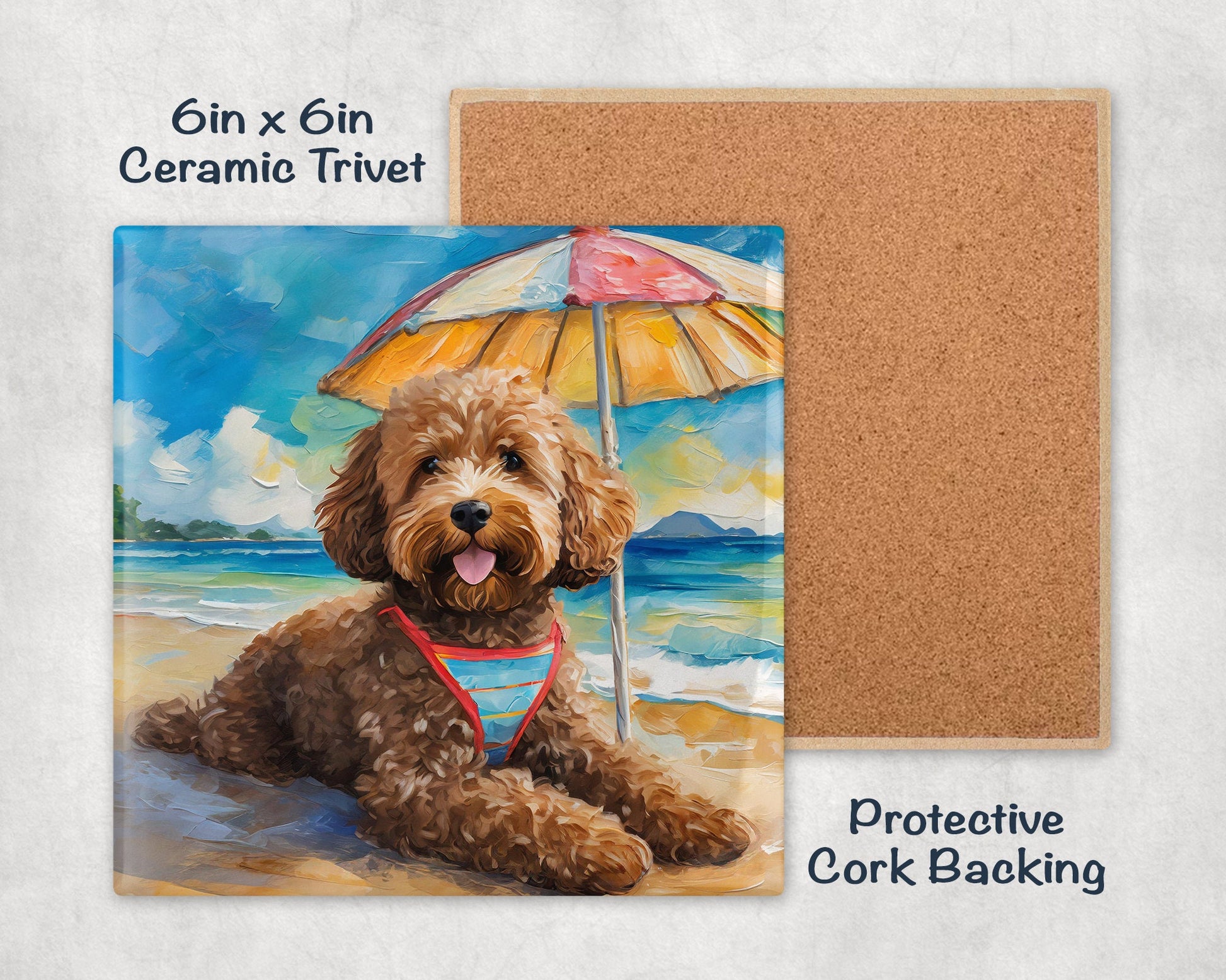 Beach Theme Goldendoodle Trivet for Hot Dishes. Ceramic Tile Art Gift for Dog Lovers. Gift for Doodle Mom or Dad. Dog Artwork Tropical Theme