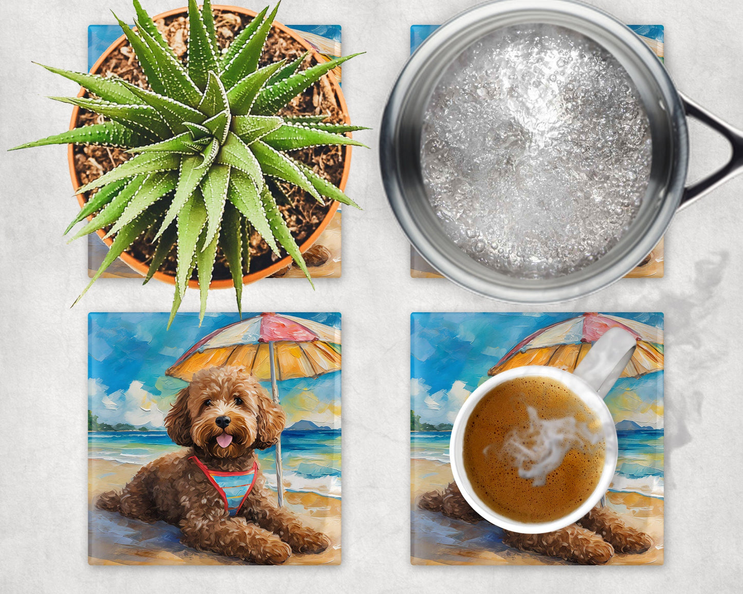 Beach Theme Goldendoodle Trivet for Hot Dishes. Ceramic Tile Art Gift for Dog Lovers. Gift for Doodle Mom or Dad. Dog Artwork Tropical Theme