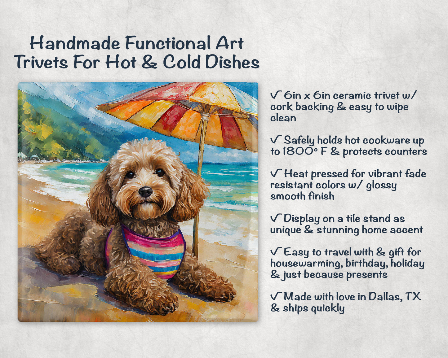 Beach Theme Goldendoodle Trivet for Hot Dishes. Ceramic Tile Art Gift for Dog Lovers. Gift for Doodle Mom or Dad. Dog Artwork Tropical Theme