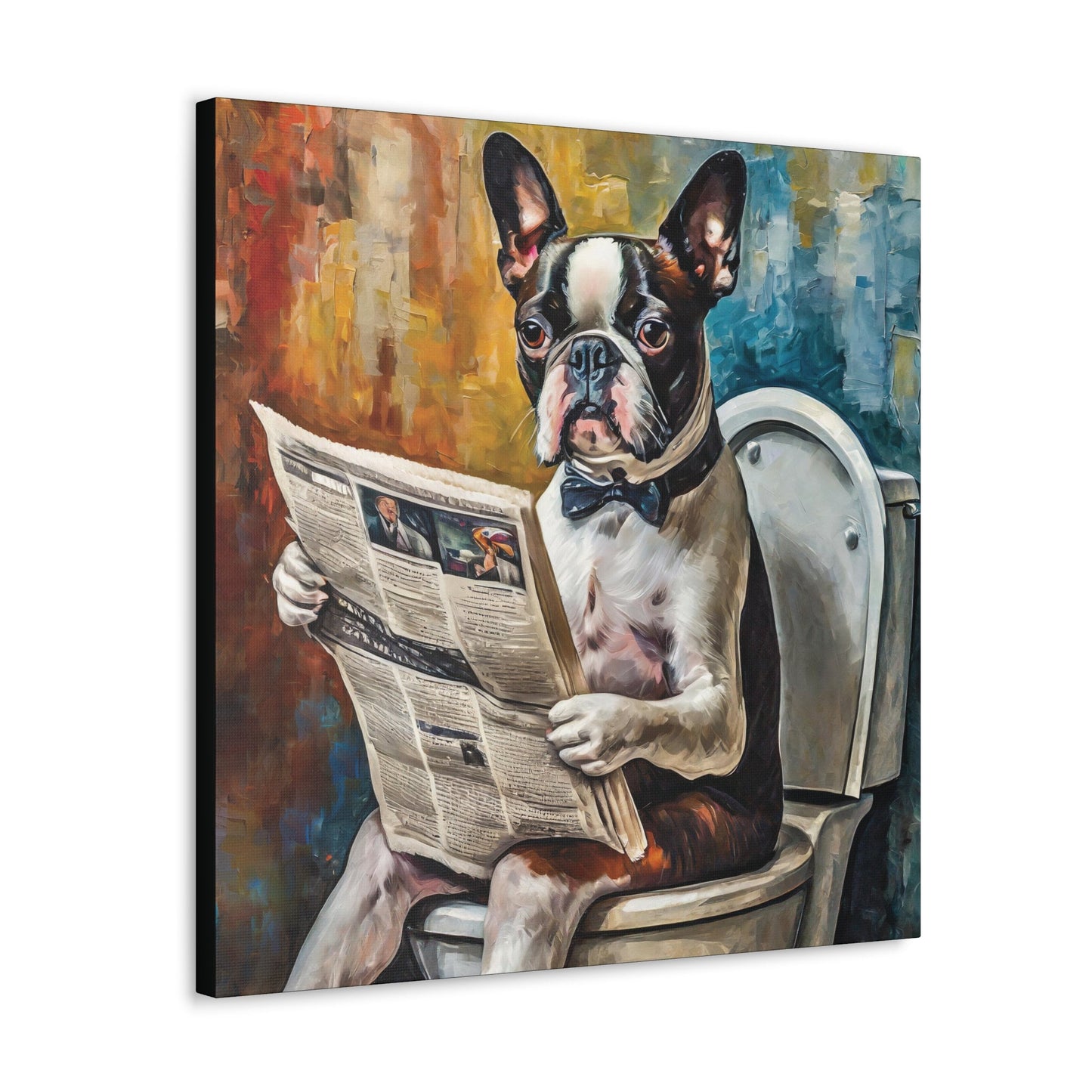 Frameless Canvas Print, Poopin' Boston Terrier, 30x30, 24x24, 20x20, 16x16, Bathroom Picture