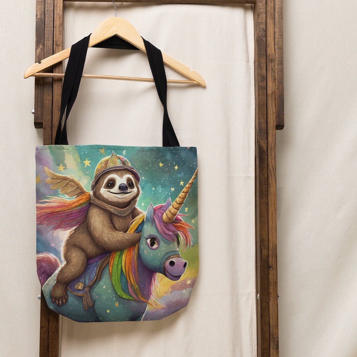 Sloth Riding a Rainbow Unicorn Tote Bag, Cat Bag, Canvas Bag, Tote Bag, Reusable Bag, Shopping Bag, Gift For Sloth Lover