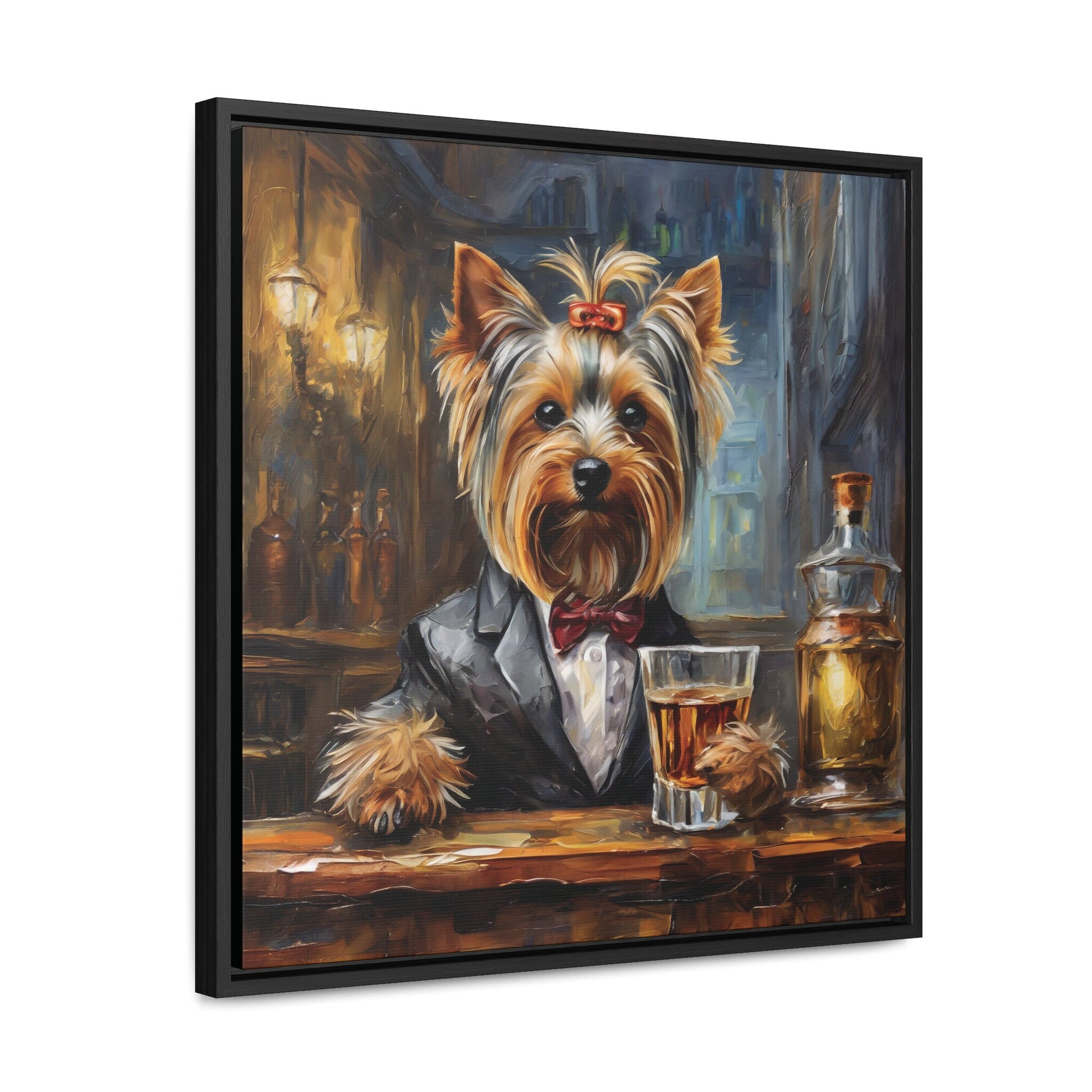 Framed Canvas Print Whisky Yorkie Wall Art, Fathers Day Gift, Bar Decor, Gift for Dog Lovers, Gift For Dad, Yorkshire Terrier, Gift For Him