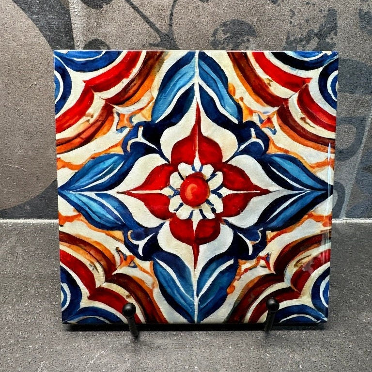 3 Designs! Flower Blue Red Mexican Style Tile Trivet for Hot Dishes. Mexican Tile Coaster. Mexican Ceramic Tile Art. Floral Decorations.