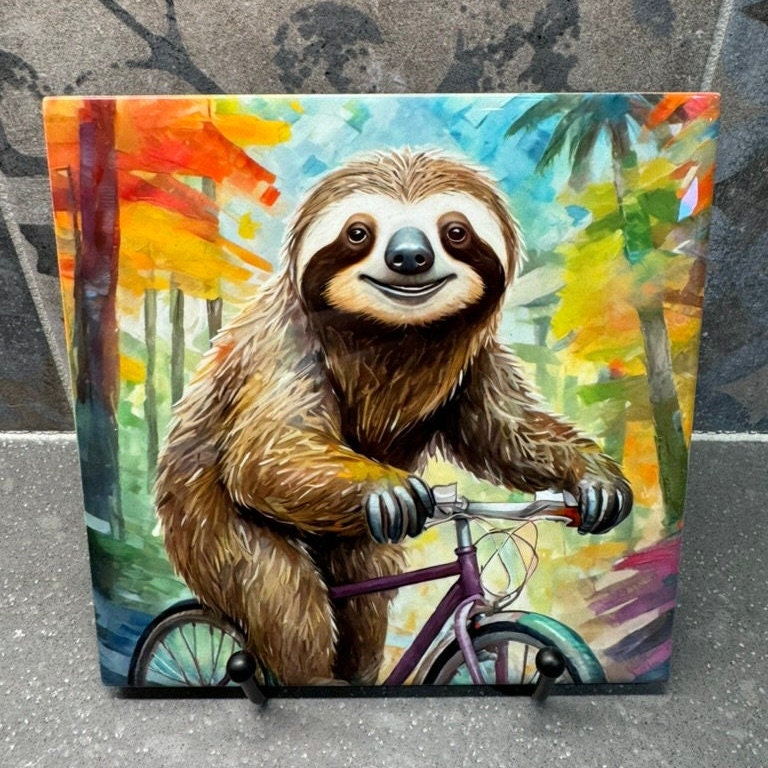 3 Designs! Bike Sloth, Trivet for Hot Dishes, 6"x6" Hot Plate, Sloth Decor. Sloth Art. Sloth gifts. Gifts for sloth lovers. Funny gifts