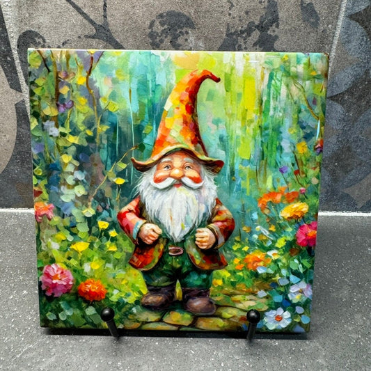 Garden Gnome Tile Trivet for Hot Dishes. Hot Pot Tile Coaster. Gnome Ceramic Tile Art. Kitchen Decorations. Gift for Gnome Lover