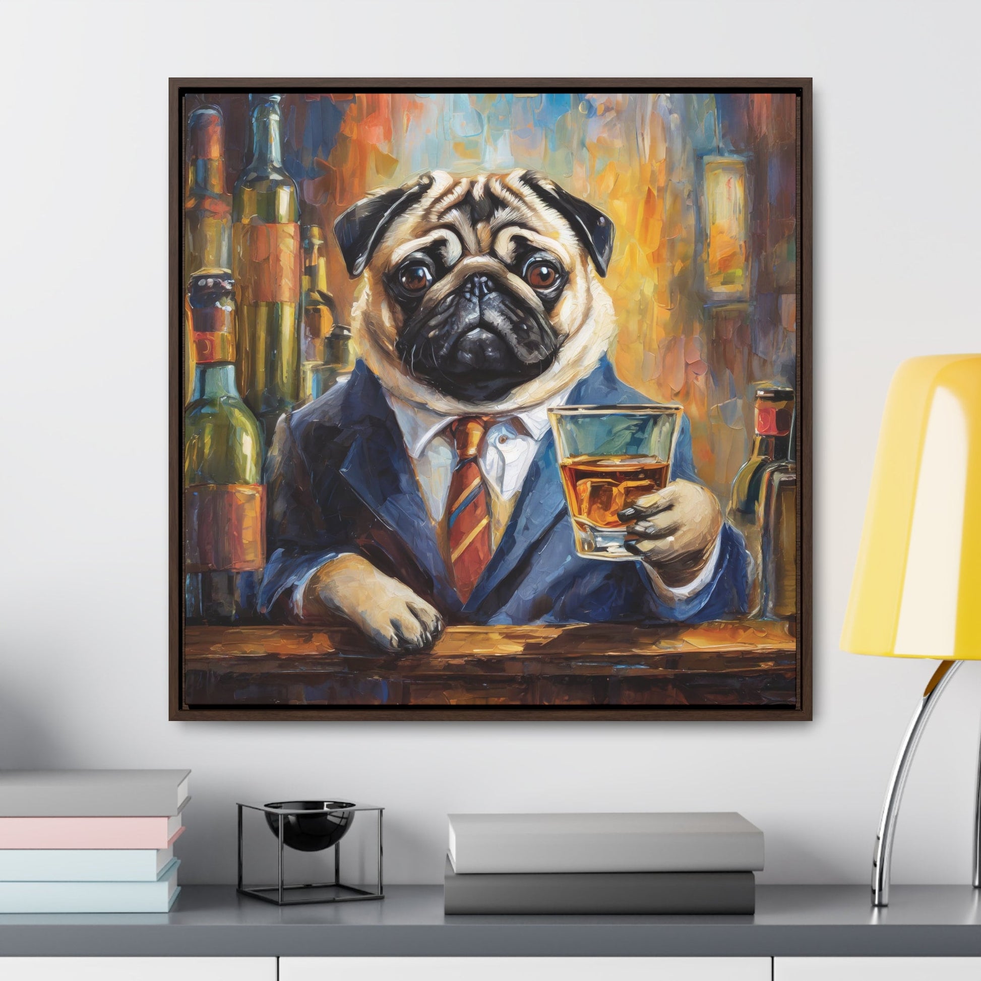 Framed Canvas Print Whisky Pug Wall Art, Fathers Day Gift, Bar Decor, Gift for Dog Lovers, Gift For Dad, Gift For Him