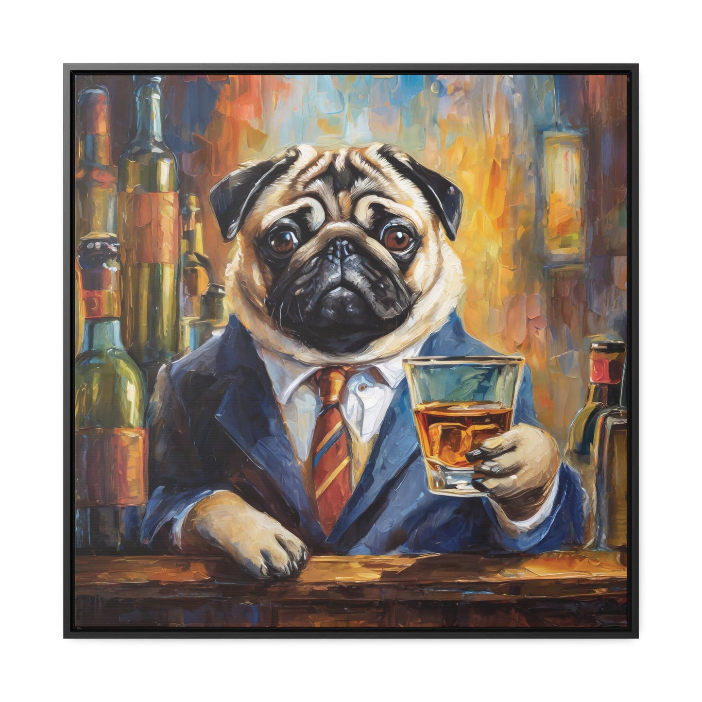 Framed Canvas Print Whisky Pug Wall Art, Fathers Day Gift, Bar Decor, Gift for Dog Lovers, Gift For Dad, Gift For Him