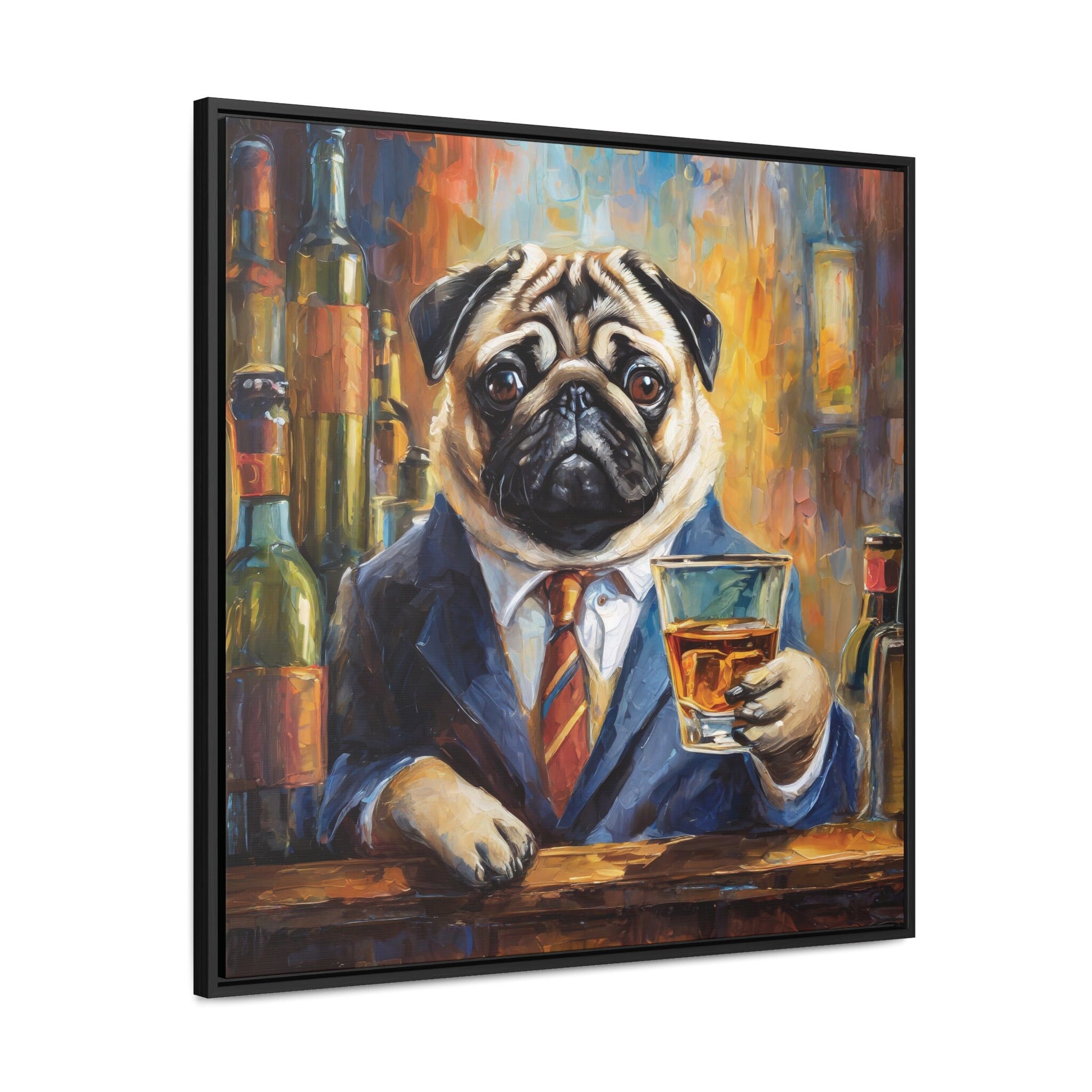 Framed Canvas Print Whisky Pug Wall Art, Fathers Day Gift, Bar Decor, Gift for Dog Lovers, Gift For Dad, Gift For Him