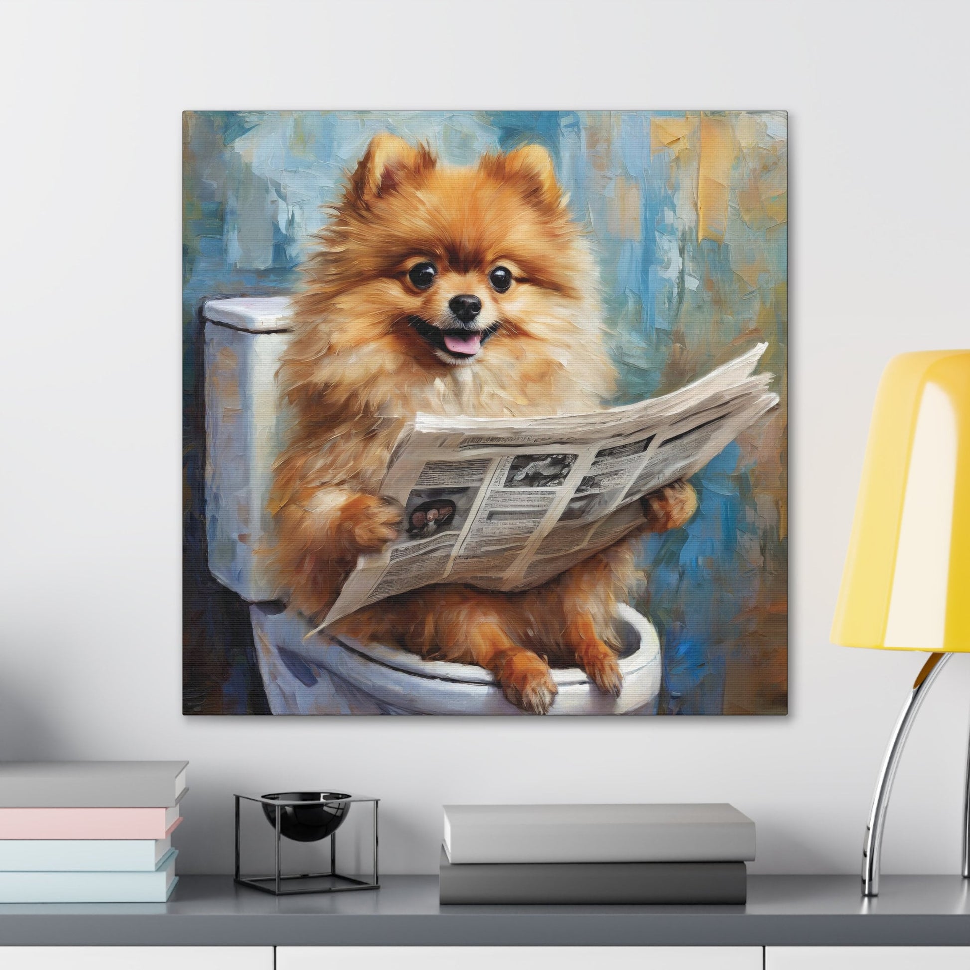 Frameless Canvas Print, Poopin' Pomeranian, 30x30, 24x24, 20x20, 16x16, Bathroom Picture