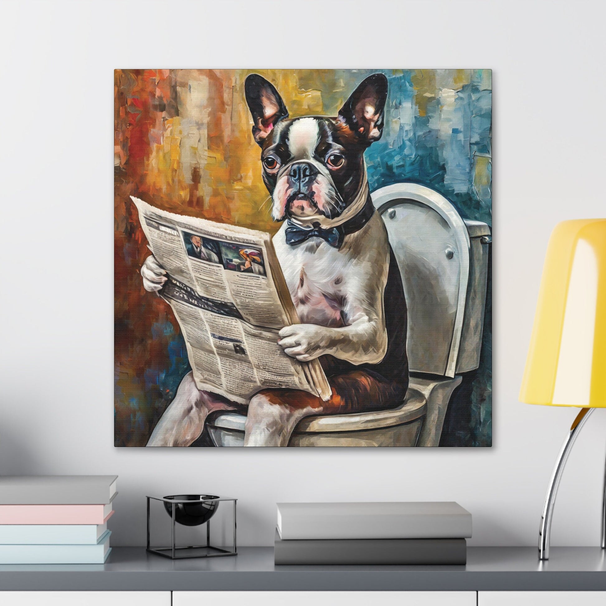 Frameless Canvas Print, Poopin' Boston Terrier, 30x30, 24x24, 20x20, 16x16, Bathroom Picture