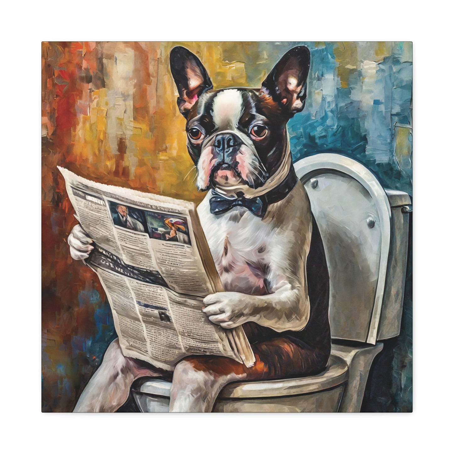 Frameless Canvas Print, Poopin' Boston Terrier, 30x30, 24x24, 20x20, 16x16, Bathroom Picture