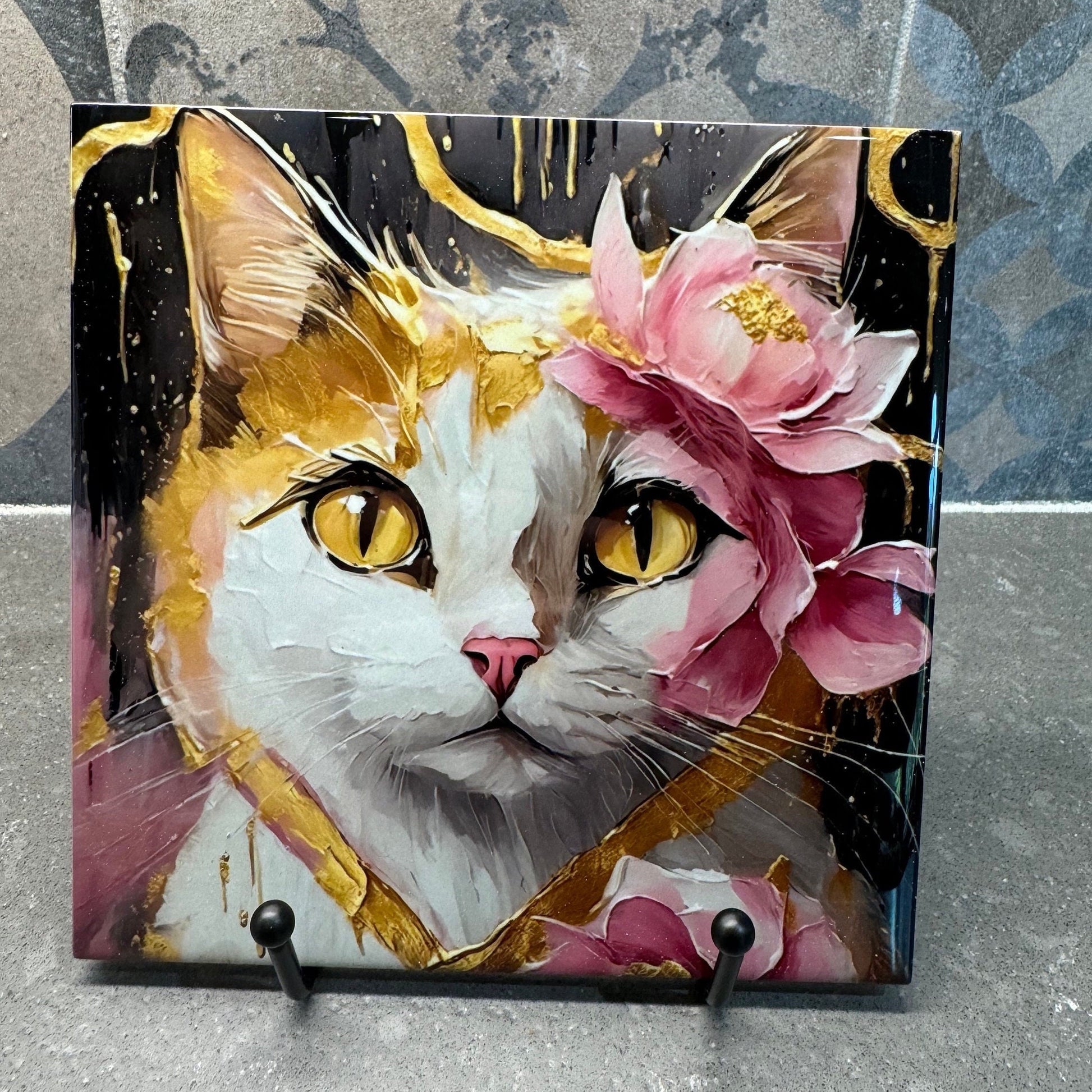 Pink Gold White Flower Cat Trivet for Hot Dishes, 6"x6" Hot Plate, Cat Decor. Cat Art. Cat gifts. Gifts for Cat lovers. Cat Mom. Cat Lady.