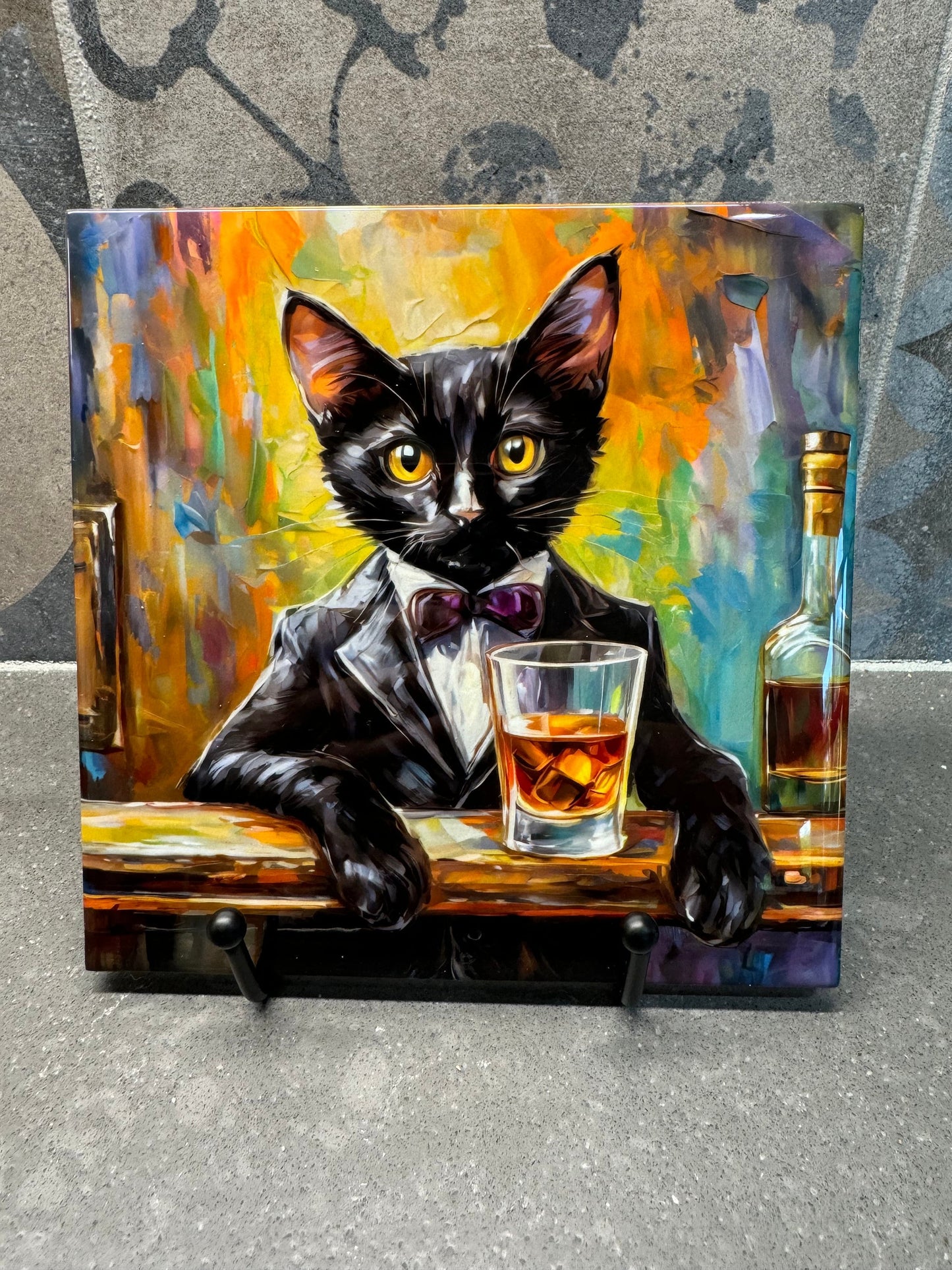 Black Cat Wiskey. Trivet for Hot Dishes. 6"x6" Hot Plate. Cat Decor. Cat Art. Cat gifts. Gifts for Black Cat Lovers.