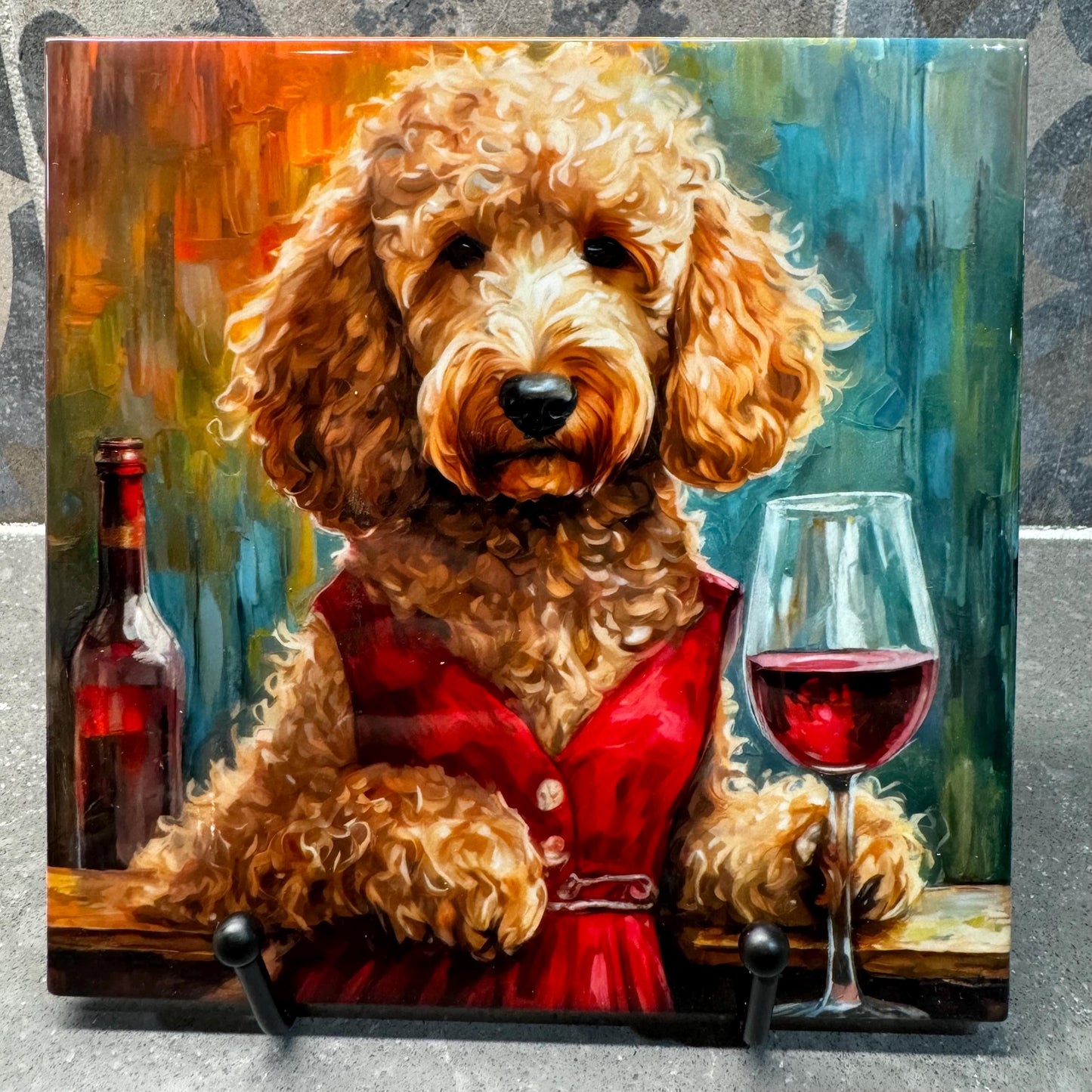 Wine Drinking Goldendoodle Trivet for Hot Dishes, Hot Plate Coaster Tile Art, Custom Pot Holder, mancave decor, bar decor, Bar Goldendoodle