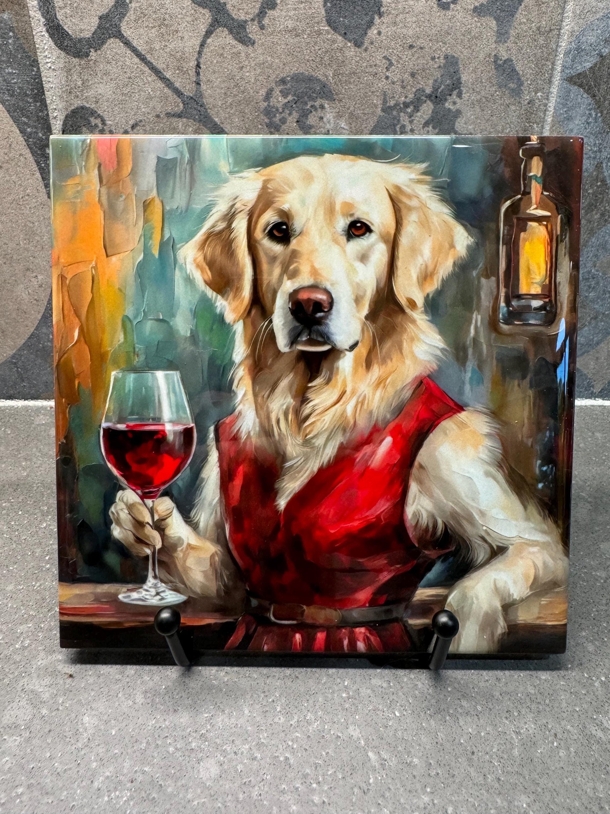 Wine Drinking Cream Labrador Retriever Trivet for Hot Dishes, Hot Plate Coaster Tile Art, Custom Pot Holder, Gift for lab lover