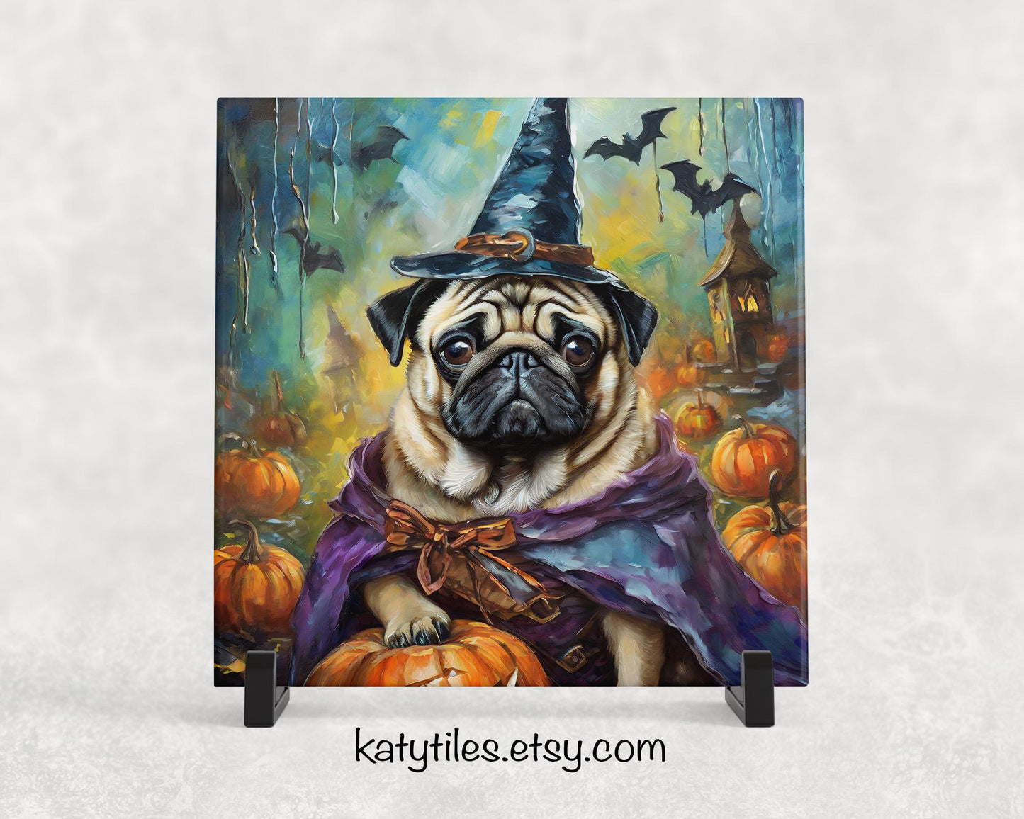 Halloween Witch Pug Trivet for Hot Dishes, Hot Plate Coaster Tile Art, Custom Pot Holder, Gift for pug lover, pug decor, pug mom, pug dad