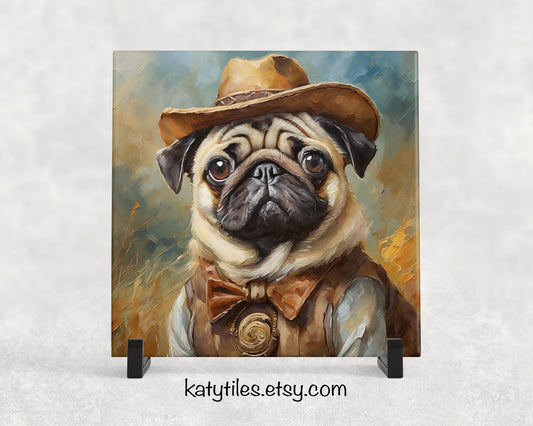 Cowboy Pug Trivet for Hot Dishes, Hot Plate Coaster Tile Art, Custom Pot Holder, Gift for pug lover, pug decor, pug mom, pug dad