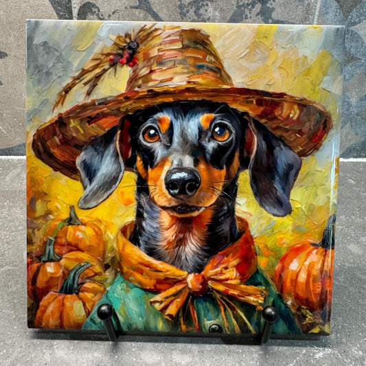 Fall Scarecrow Dachshund Trivet for Hot Dishes, Hot Plate Coaster Tile Art, Custom Pot Holder, Gift for Dachshund Lovers