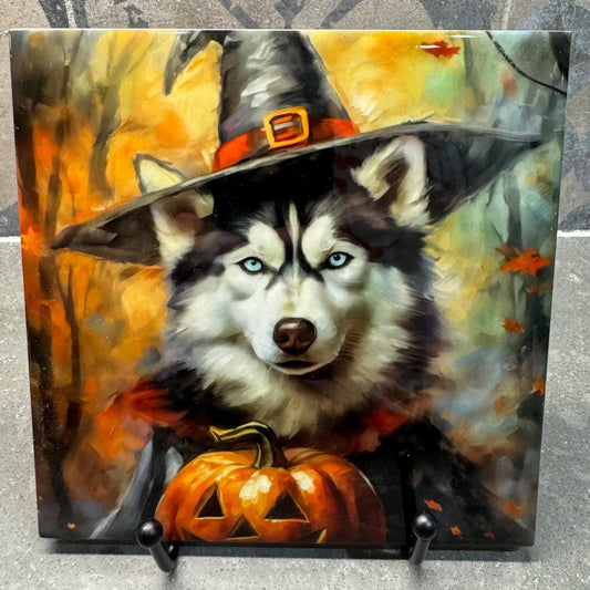 Husky Halloween Witch Trivet for Hot Dishes, Hot Plate Coaster Tile Art, Custom Pot Holder, Gift for Husky Lovers